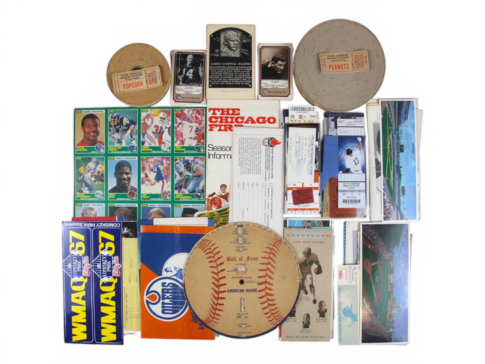 Tickets and Ephemera Collection: Balance of a collection including unused Stadium Corporation concession tickets for popcorn and peanuts (one roll each), assorted tickets and stubs, approximately 25 unused black-and-white Hall of Fam