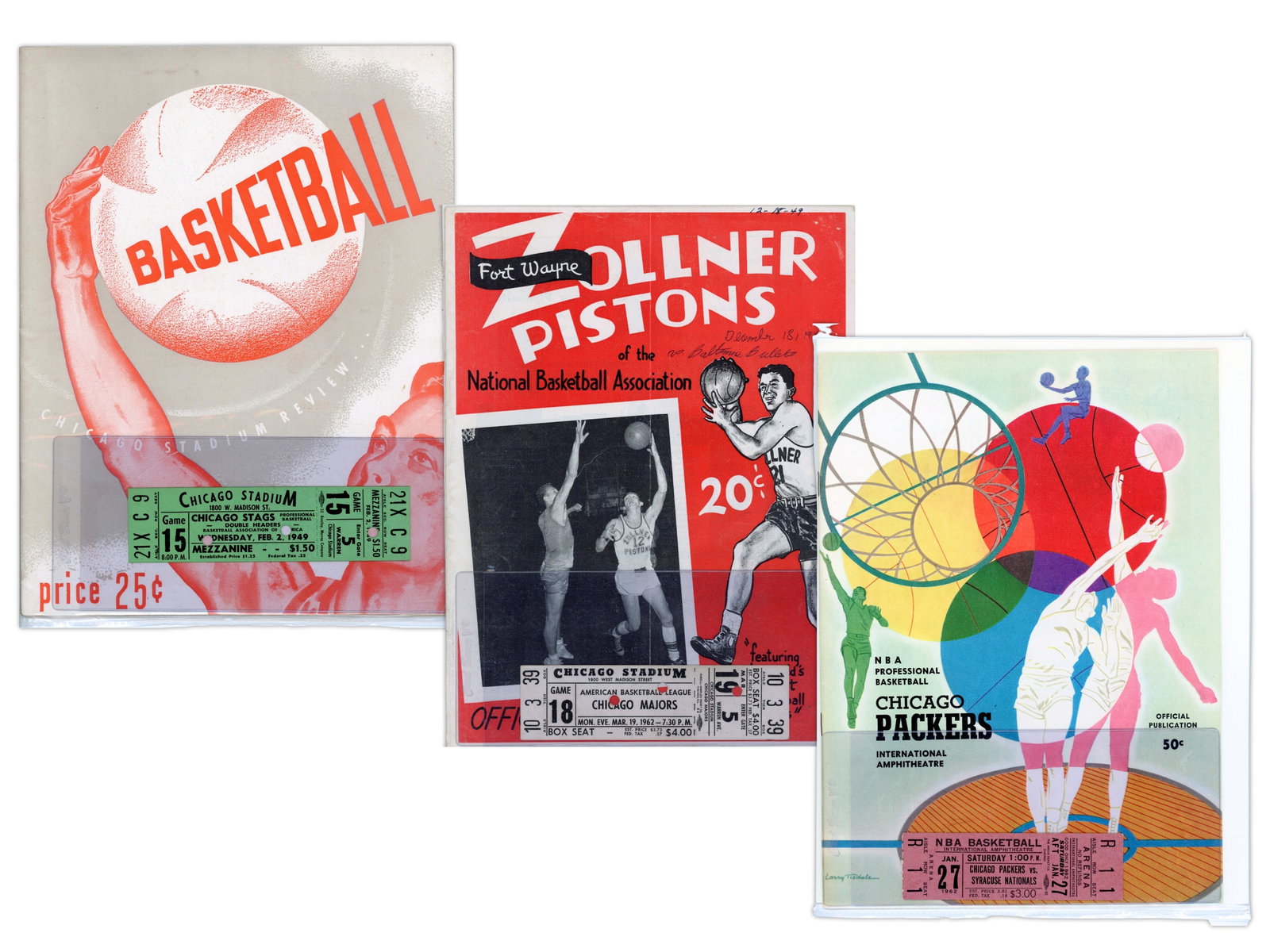 Football & Basketball Ephemera Lot: Football and basketball ephemera group including more than 20 signatures from 1960s St. Louis Cardinals football players. Includes programs, tickets, letters, Chicago Packers and Zephyrs material,