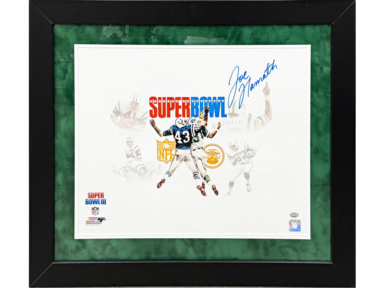 Joe Namath Signed Super Bowl Photo - GTSM: Super Bowl photograph/print signed boldly in blue marker by Joe Namath, Hall of Fame quarterback best known for leading the New York Jets to victory in Super Bowl III. Bears a GTSM authentication stic