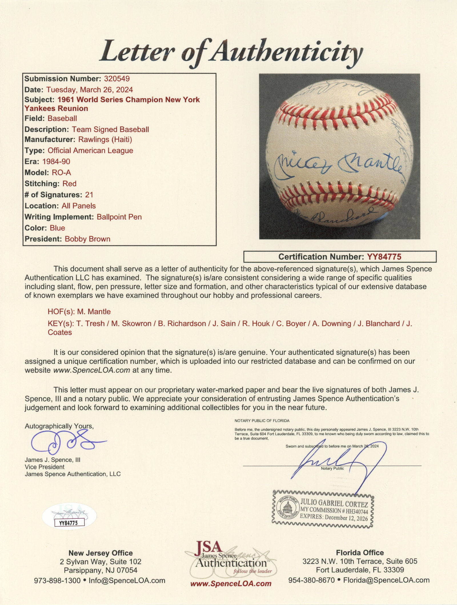 1961 Yankees Team Signed Baseball - JSA - 7
