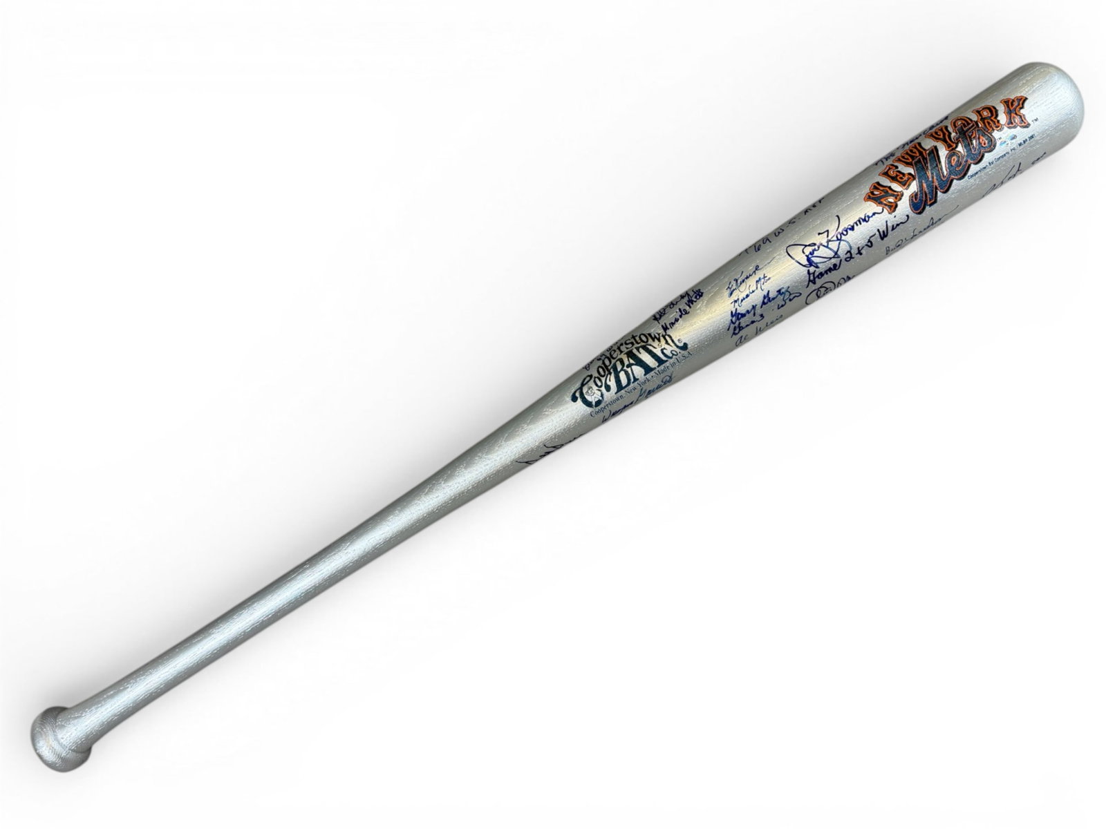 1969 Mets Team Signed Reunion Bat - JSA: Cooperstown Bat Co. full-size 34" bat signed in blue marker by 23 members of the 1969 World Series Champion New York Mets reunion team. Includes Hall of Famers Tom Seaver and Nolan Ryan along with Cle