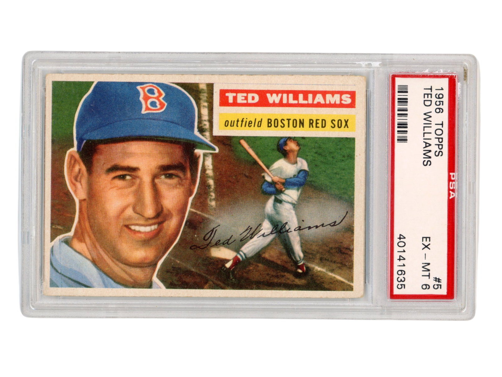 1956 Topps #5 Ted Williams PSA 6: 1956 Topps #5 Ted Williams Gray Back graded PSA 6 EX-MT. Hall of Famer and two-time Triple Crown winner, Williams remains one of the greatest hitters in baseball history. PSA #30131635 Shipping: Weiss