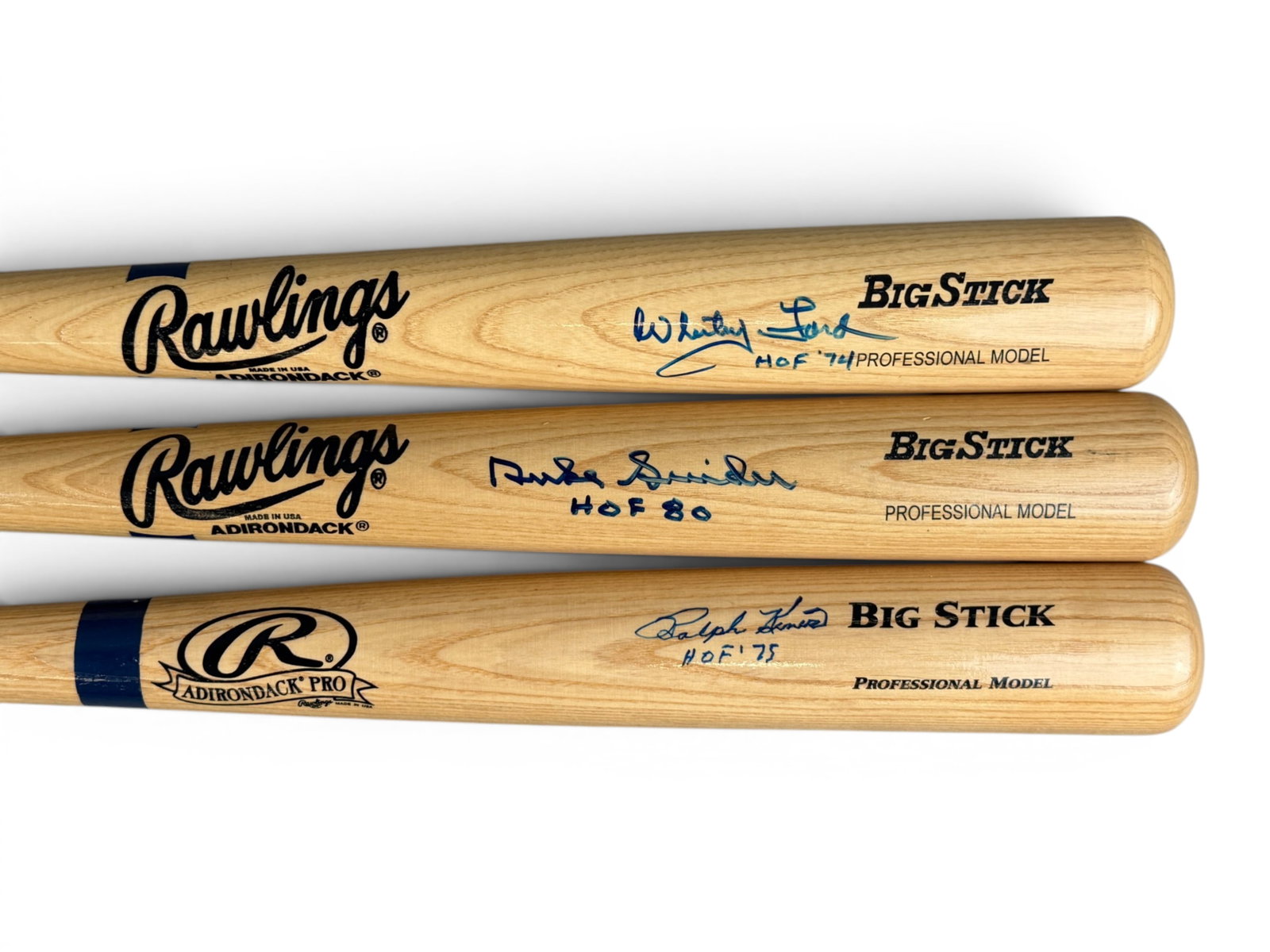 (3) HOF Signed Rawlings Bats - JSA: Full-size Rawlings baseball bats signed by Hall of Famers Duke Snider, Ralph Kiner, and Whitey Ford. Each bat is inscribed with their Hall of Fame induction year: Snider "HOF 80," Kiner "HOF 75," and 