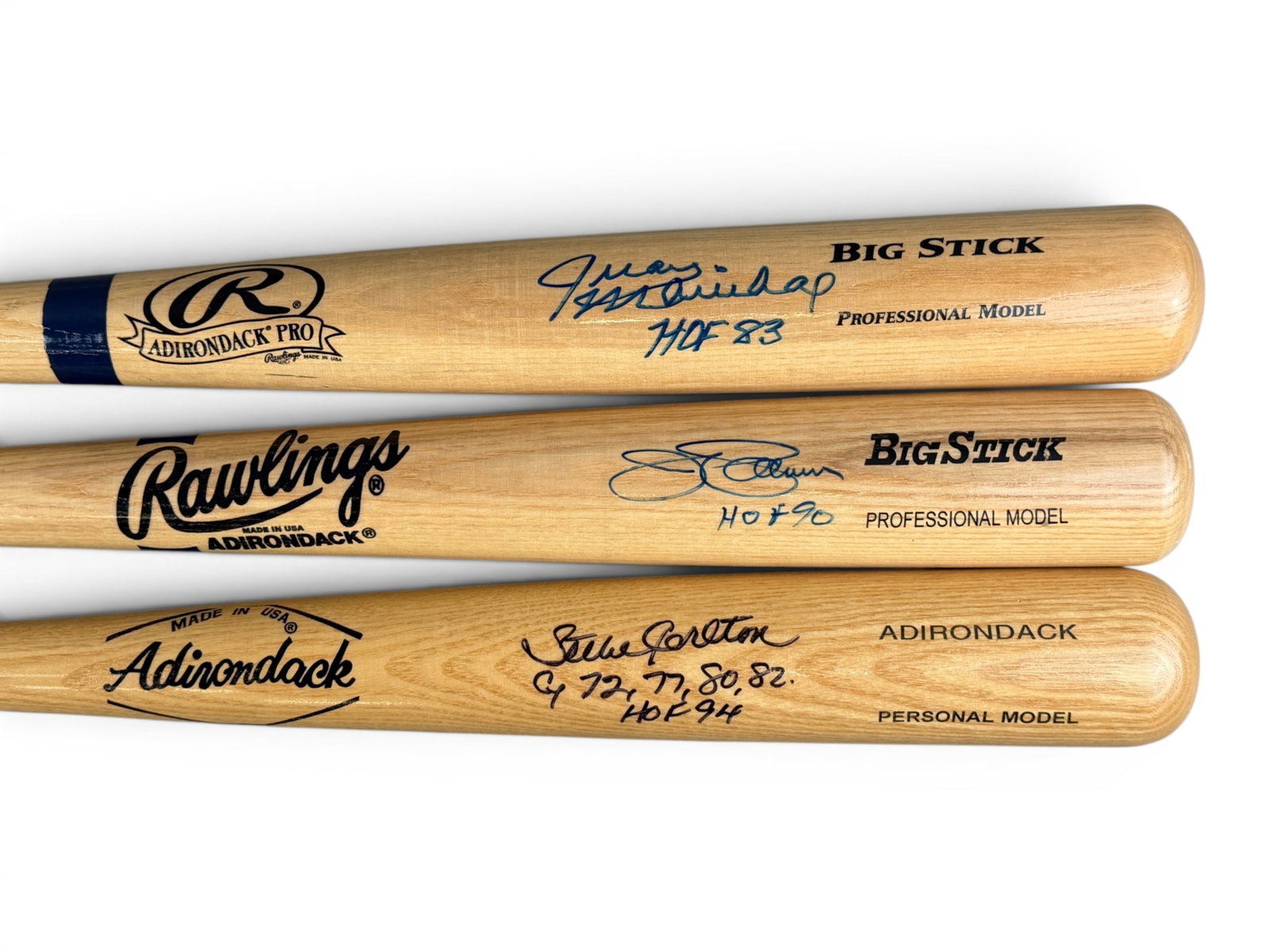 (3) HOF Signed Full Size Bats - JSA: Full-size signed bats including Steve Carlton Adirondack bat inscribed "Cy Young 72, 77, 80, 82 HOF 94" (JSA F63411), Jim Palmer Rawlings bat inscribed "HOF 90" (JSA F99023), and Juan Marichal Adirond
