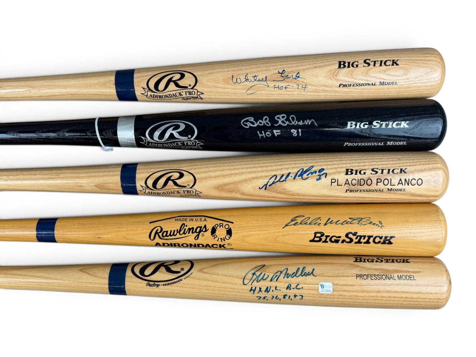 (5) Signed Baseball Bats Including HOFers: Five signed bats including Bob Gibson inscribed "HOF 81," Whitey Ford inscribed "HOF 74" (JSA G07485), Eddie Mathews (JSA F84059), Placido Polanco (JSA H23220), and Bill Madlock inscribed "4x N.L. B.C