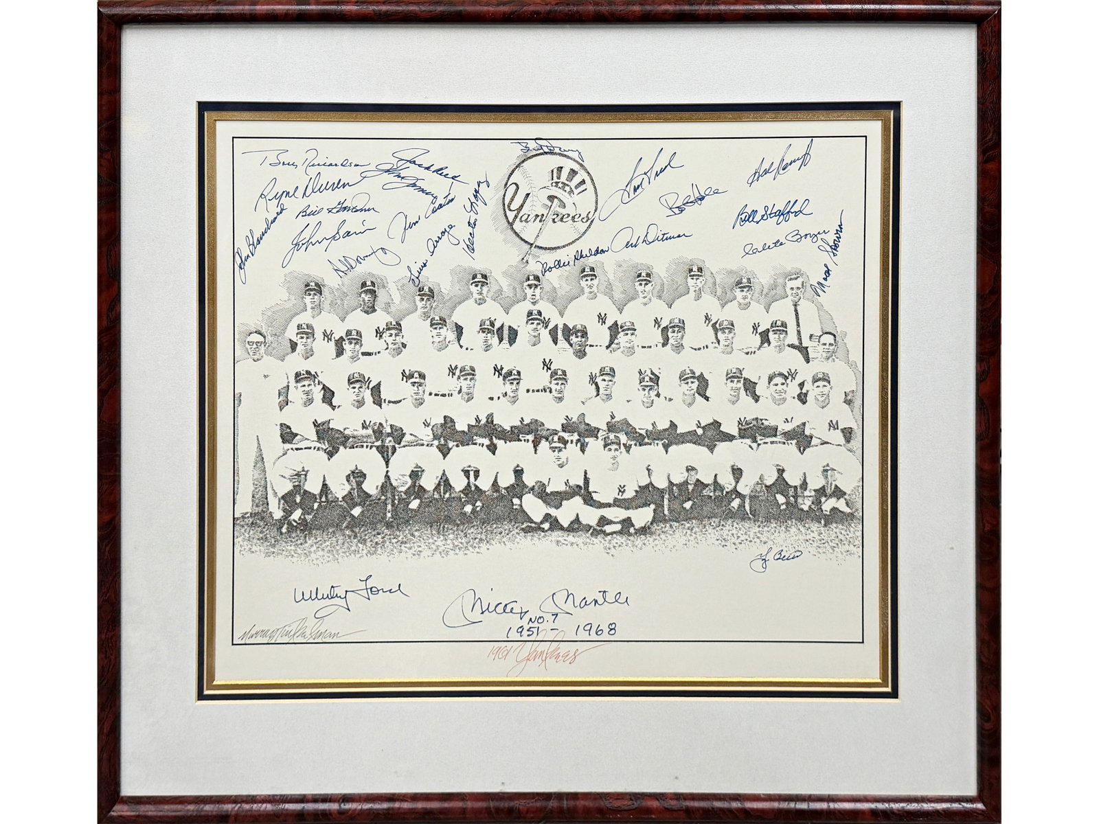 1961 Yankees Murray Tinkelman Artwork including Mantle: Original artwork by Murray Tinkelman depicting the 1961 New York Yankees, signed by multiple team members including Mickey Mantle with nice inscription in Mantle's hand "No. 7 1951-1968," Whitey Ford,