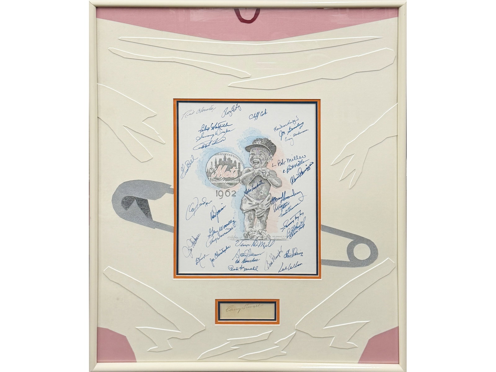 1962 Mets Tinkelman Artwork with Casey Stengel Cut: Original artwork by Murray Tinkelman recreating the 1962 New York Mets yearbook cover, signed by approximately 34 Mets players on the artwork itself and including a Casey Stengel cut signature. Framed