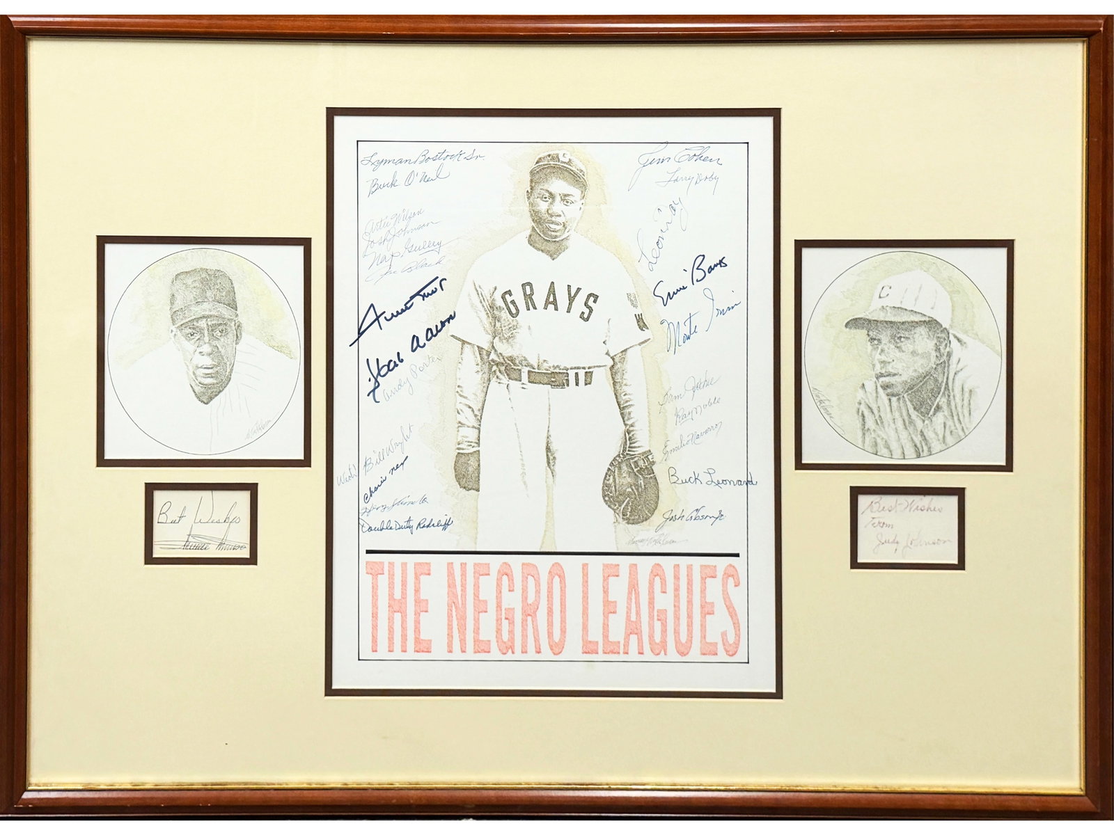 Negro Leagues Tinkelman Artwork with Stars: Original artwork triptych by Murray Tinkelman relating to the Negro Leagues, includes Minnie Minoso and Judy Johnson cut signatures and signatures on the artwork by Willie Mays, Hank Aaron, Ernie Bank