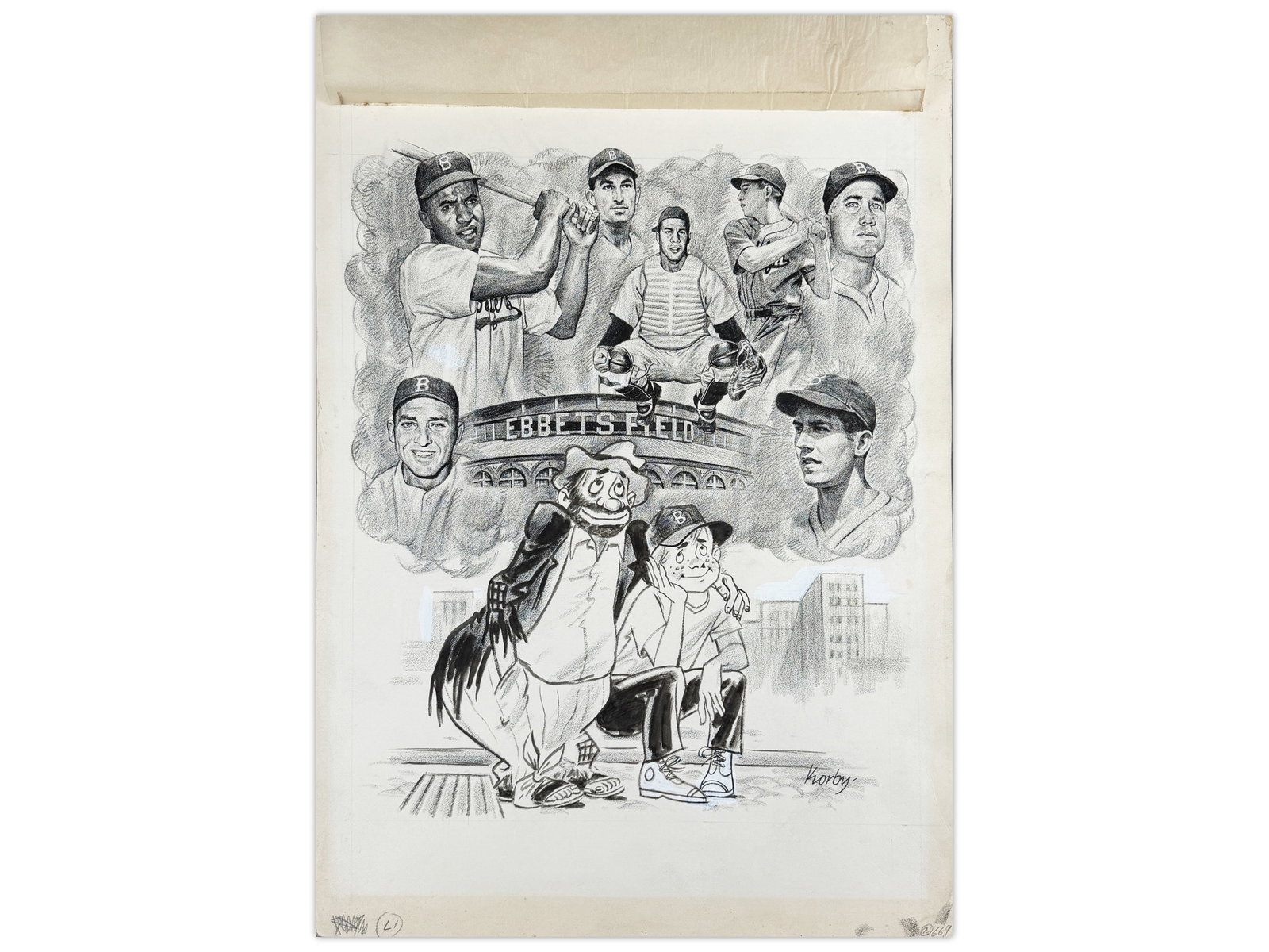 Sol Korby Brooklyn Dodgers Illustration: Original artwork by Sol Korby prepared for Newsday featuring the Brooklyn Dodgers, including Ebbets Field, Jackie Robinson, Gil Hodges, Pee Wee Reese, Duke Snider, Carl Furillo, and Pete Reiser. Signe