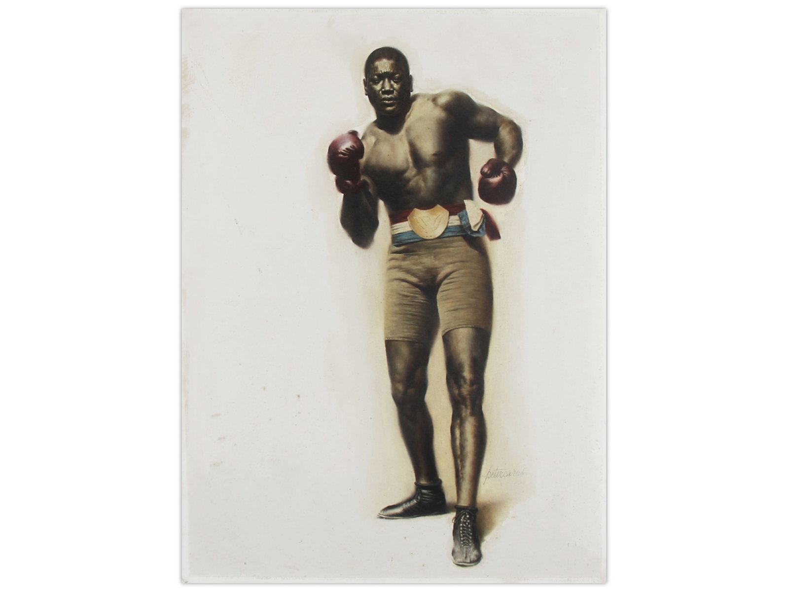 Peter Caras Jack Johnson Book Cover Art: . Cover illustration by Peter Caras for the paperback edition of the "Black Champion" biography of Jack Johnson published by Fawcett. Oil on board. Approximately 19'' x 14''. From the Sol Korby's esta