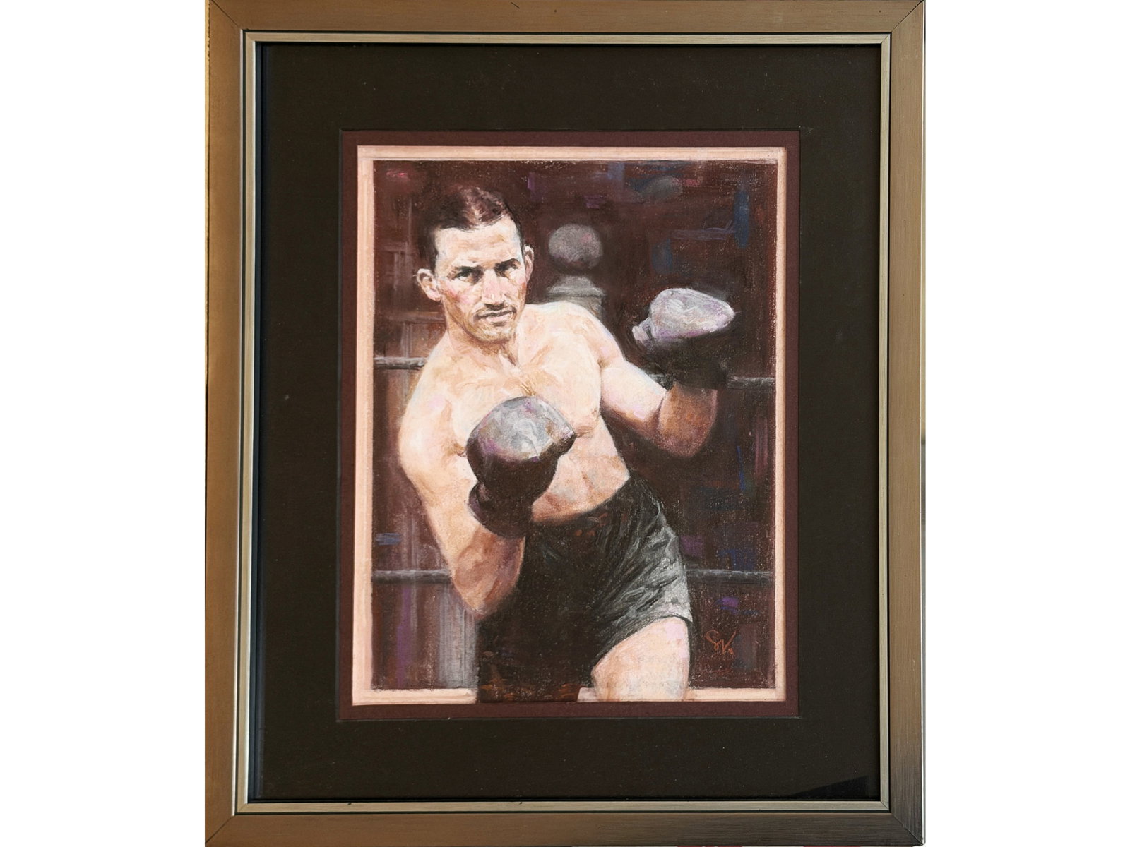 Sol Korby Benny Leonard Pastel: Original pastel by Sol Korby of Jewish boxing legend Benny Leonard. Pastel. Framed. Sight size approximately 9 1/2'' x 12 1/4''; frame approximately 15 3/4'' x 18 1/2''. From the artist's estate. Sol 