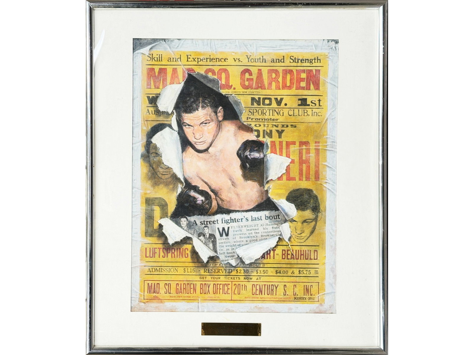 Sol Korby "A Street Fighter's Last Bout" Al Davis: Original pastel by Sol Korby titled "A Street Fighter's Last Bout" depicting Al "Bummy" Davis. Awarded the 2012 A.A.P.L. Grand National Graphic and Pastel Helen G. Oehler Memorial Award. Framed. Appro