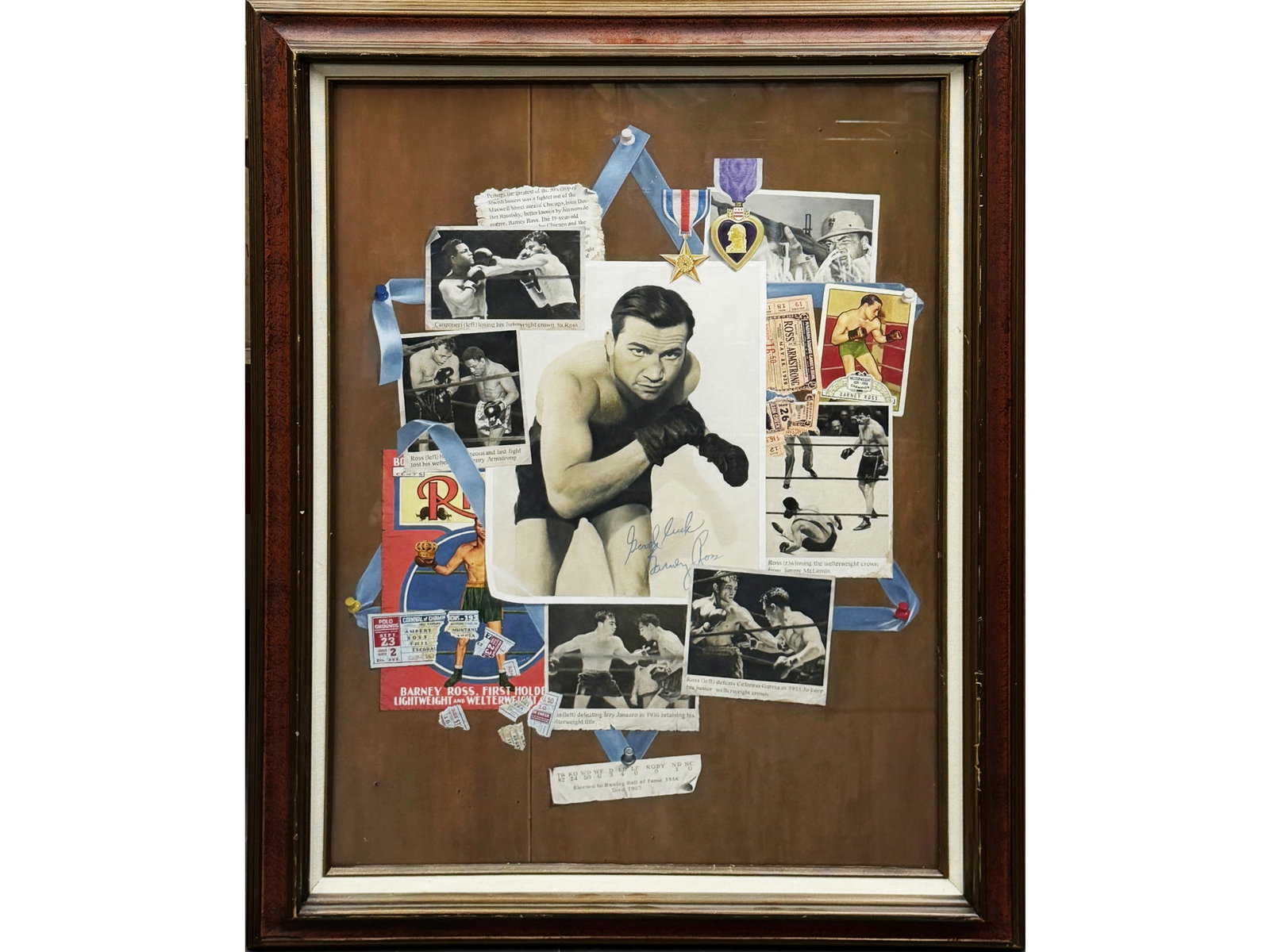 Sol Korby "Barney" Oil Painting Barney Ross: Original oil painting by Sol Korby titled "Barney" depicting boxer Barney Ross. Awarded the A.A.P.L. Grand National 2011 Oil Salmagundi Club Award. Photorealistic collage-style composition depicting B