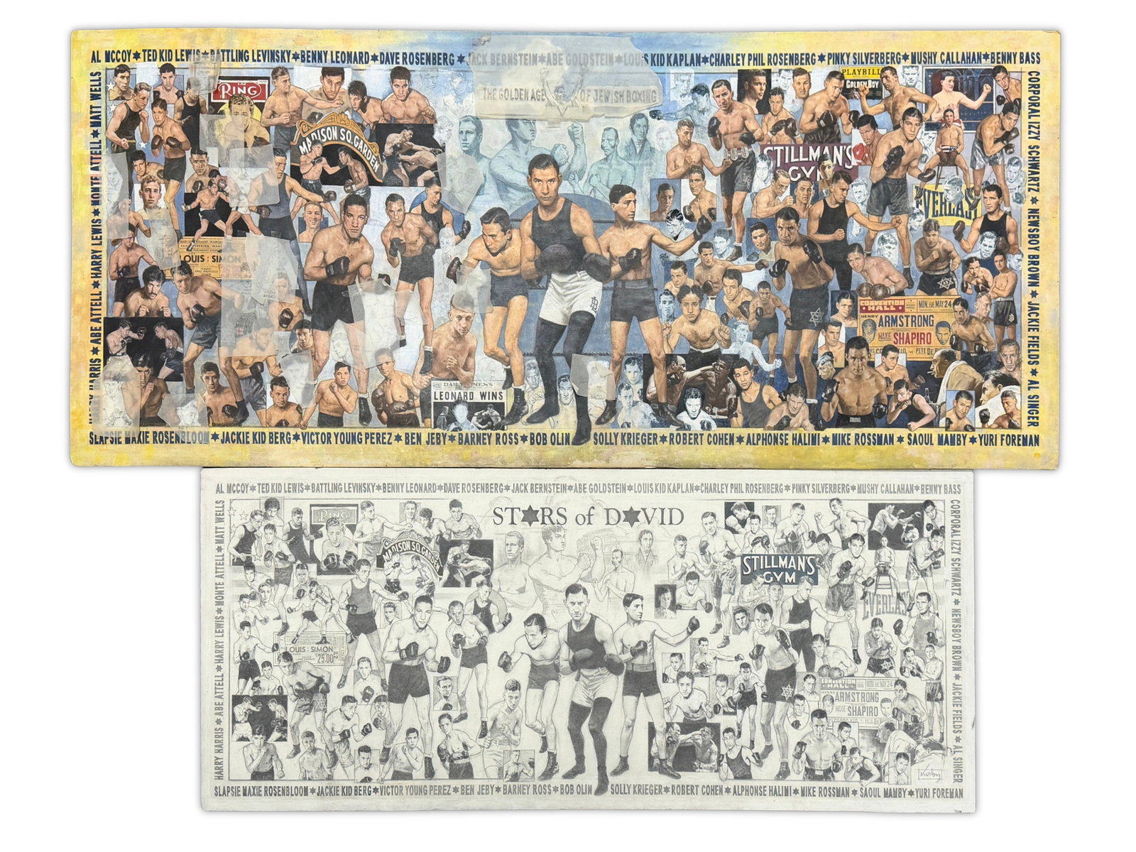 Sol Korby "Stars of David" Jewish Boxing Artworks: Sol Korby "Stars of David" Jewish Boxers painting and charcoal. Two related mural-like works by Korby, one a draft or study in charcoal on board, the other an unfinished oil on foam board. The charcoa
