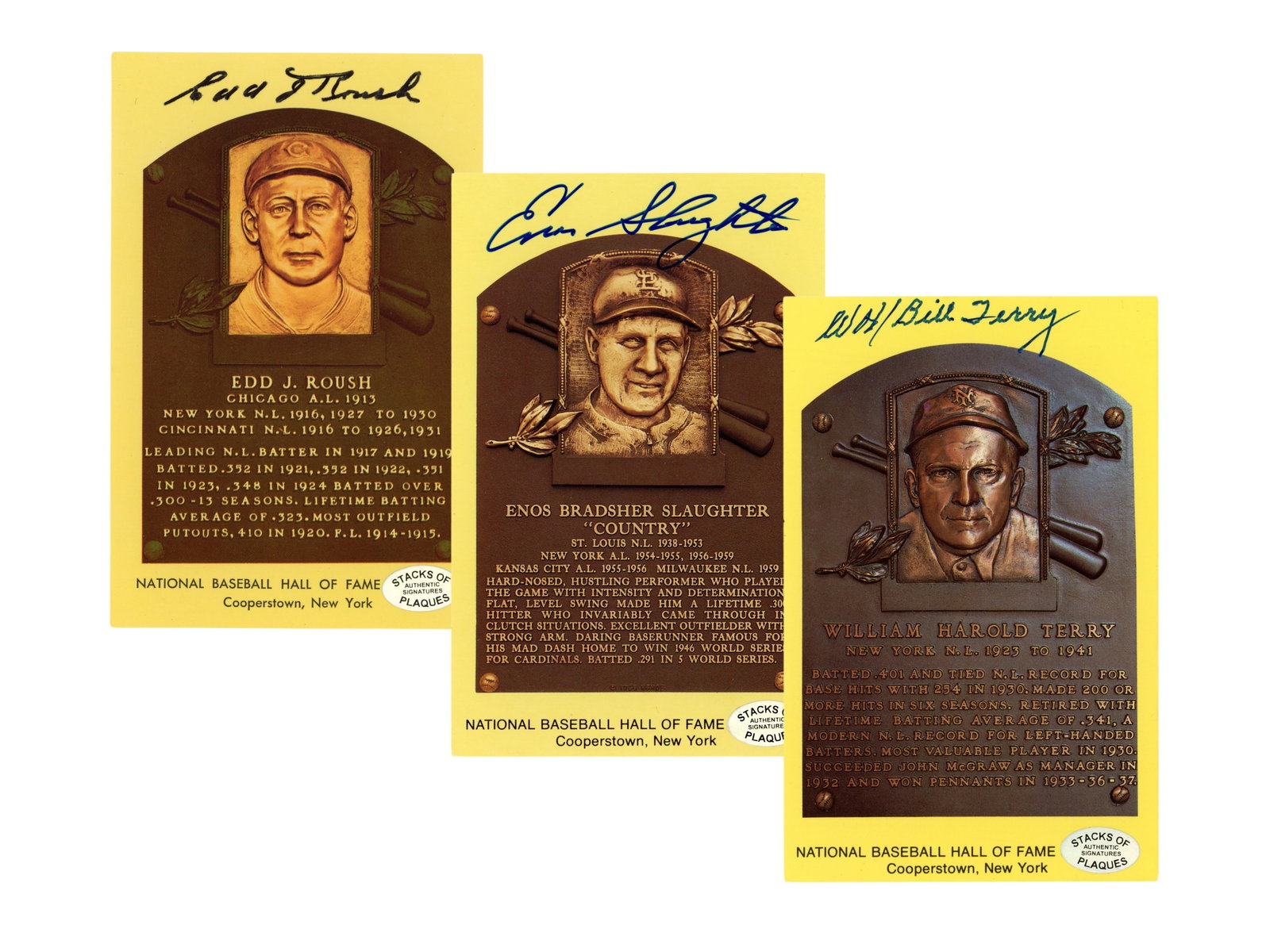 (3) Signed Yellow HOF Plaques including Bill Terry: (3) yellow Hall of Fame plaque postcards signed by Bill Terry, Edd Roush, and Enos Slaughter. Features signatures from three celebrated Baseball Hall of Famers spanning multiple eras of the game, incl