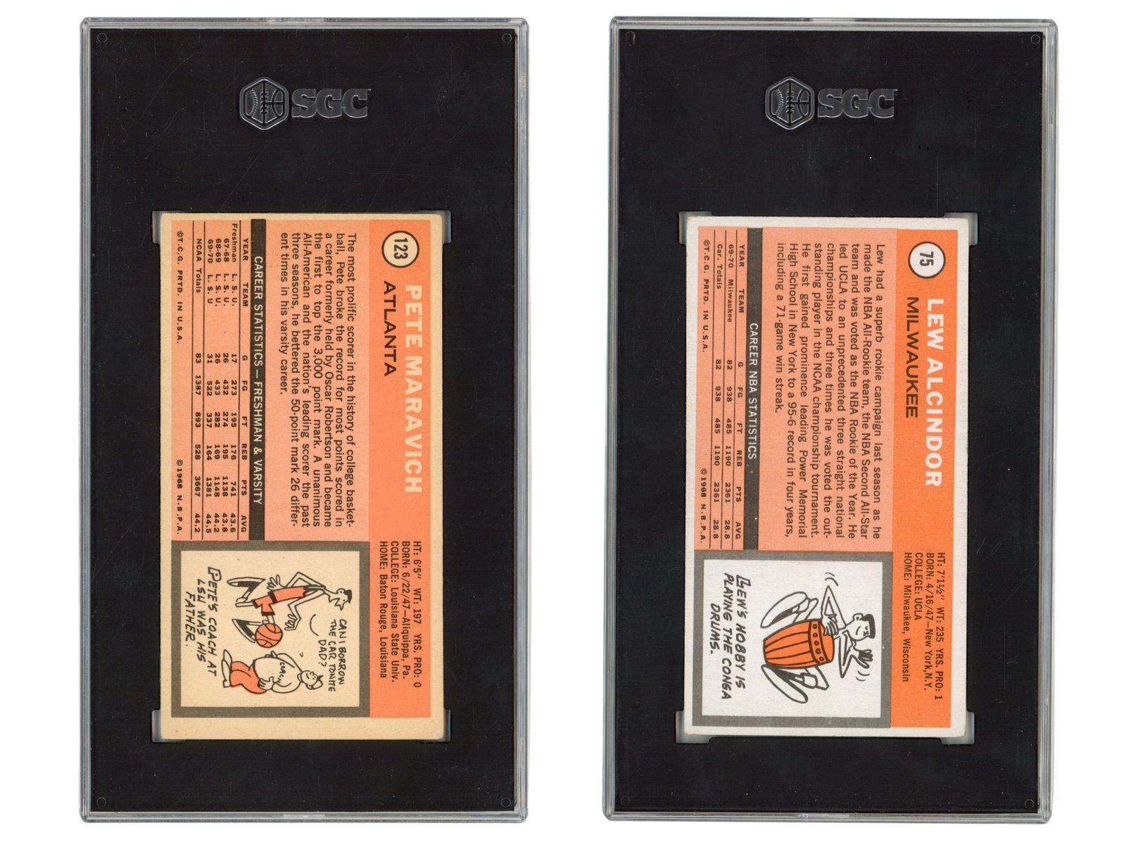 (2) 1970-71 Topps Maravich / Alcindor Cards SGC: (2) Key 1970-71 Topps basketball cards, including #123 Pete Maravich rookie card graded SGC 4.5 (SGC #2864988) and #75 Kareem Abdul-Jabbar, issued under his original name Lew Alcindor, graded SGC 4.5 