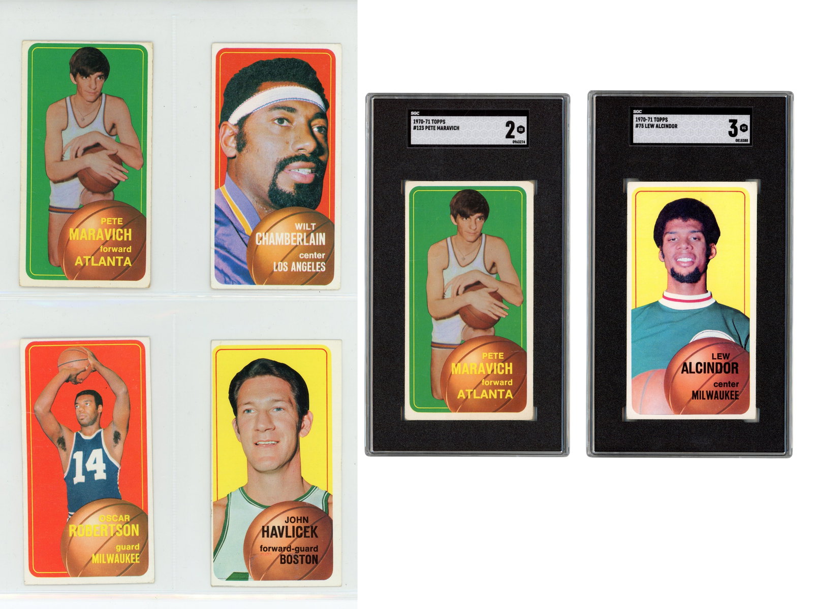 30+ 1970s Basketball Cards including Maravich: 30+ vintage 1970s basketball cards, highlighted by 1970-71 Topps #123 Pete Maravich rookie card graded SGC 2 (SGC #963274) and 1970-71 Topps #75 Kareem Abdul-Jabbar, issued under his original name Lew