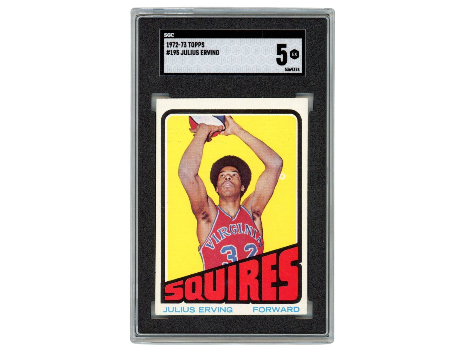 1972-73 Topps Julius Erving RC #195 SGC 5: 1972-73 Topps basketball card #195, rookie card of Julius Erving, graded SGC 5 (SGC #5369374). One of the key cards of the early 1970s and a cornerstone rookie of the Hall of Fame ABA and NBA supersta