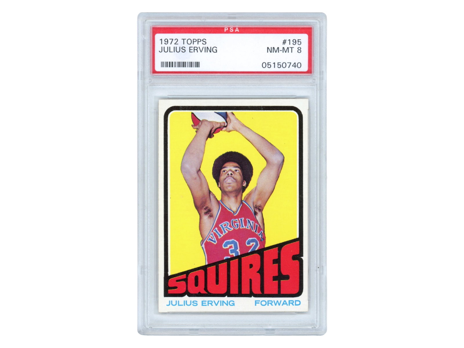 1972-73 Topps Julius Erving RC #195 PSA 8: 1972-73 Topps basketball card #195, rookie card of Julius Erving, graded PSA NM-MT 8 (PSA #05150740). One of the most important vintage basketball cards and a premier rookie issue of the Hall of Fame 