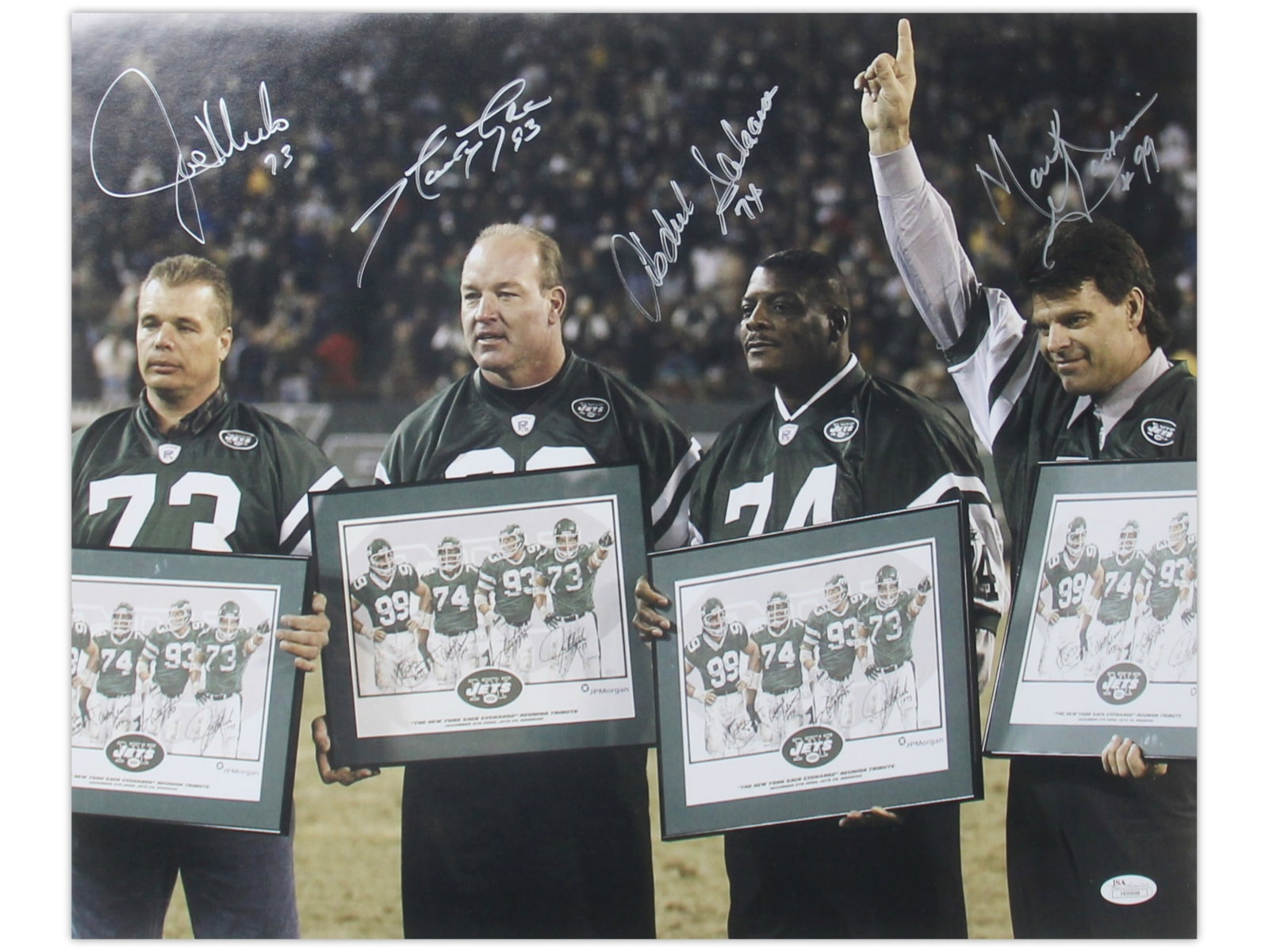Jets Sack Exchange Signed 16x20 - JSA: Signed 16x20 New York Jets photograph featuring all four members of the legendary "New York Sack Exchange": Mark Gastineau, Joe Klecko, Marty Lyons, and Abdul Salaam. All four have signed in silver