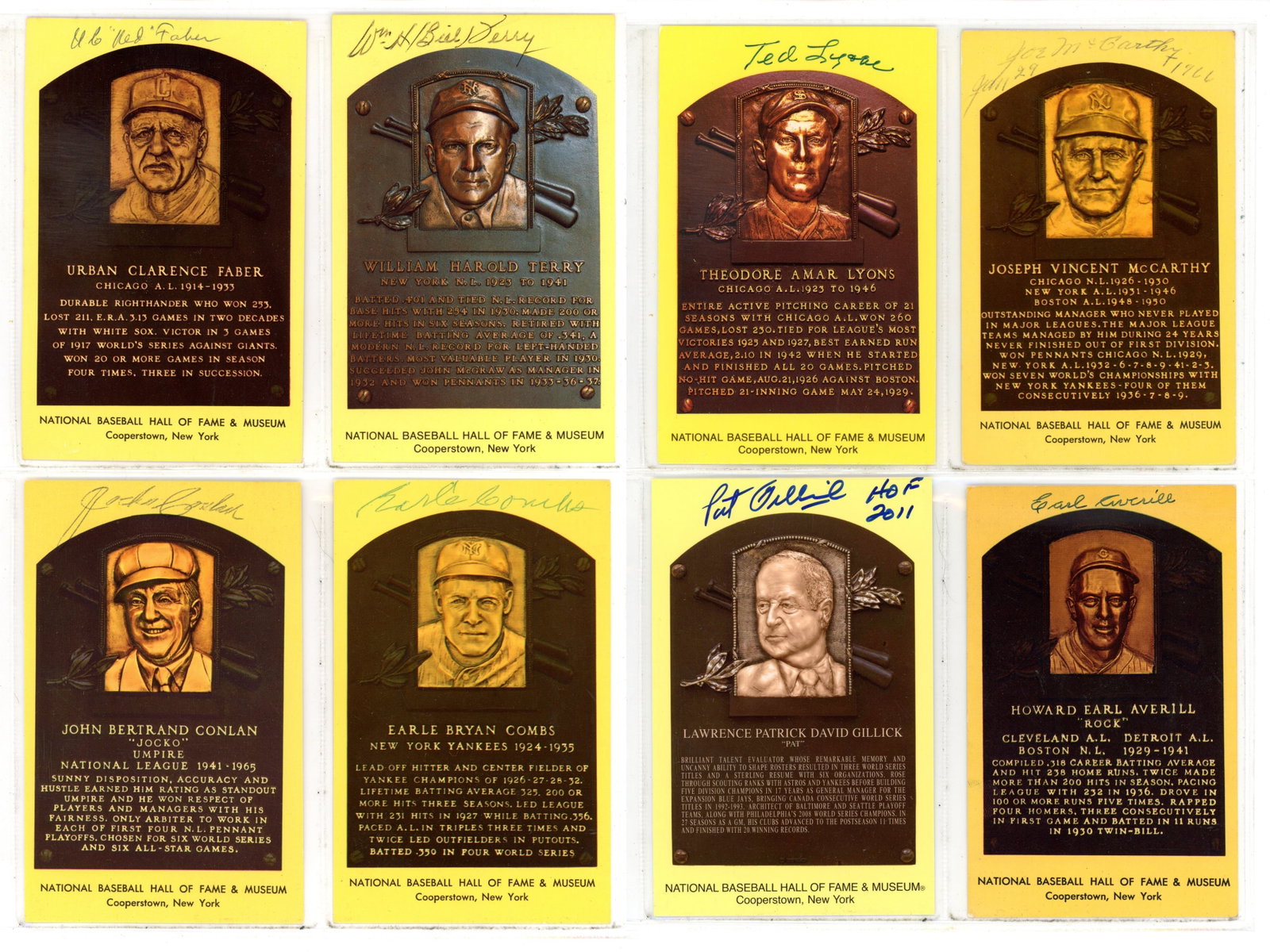 (25) Signed Yellow HOF Plaque Postcards: Collection of (25) yellow Hall of Fame plaque postcards, each hand-signed by the featured Hall of Famer. Notable names include Hank Aaron, Sandy Koufax, Yogi Berra, Pee Wee Reese, Red Ruffing, Hank Gr