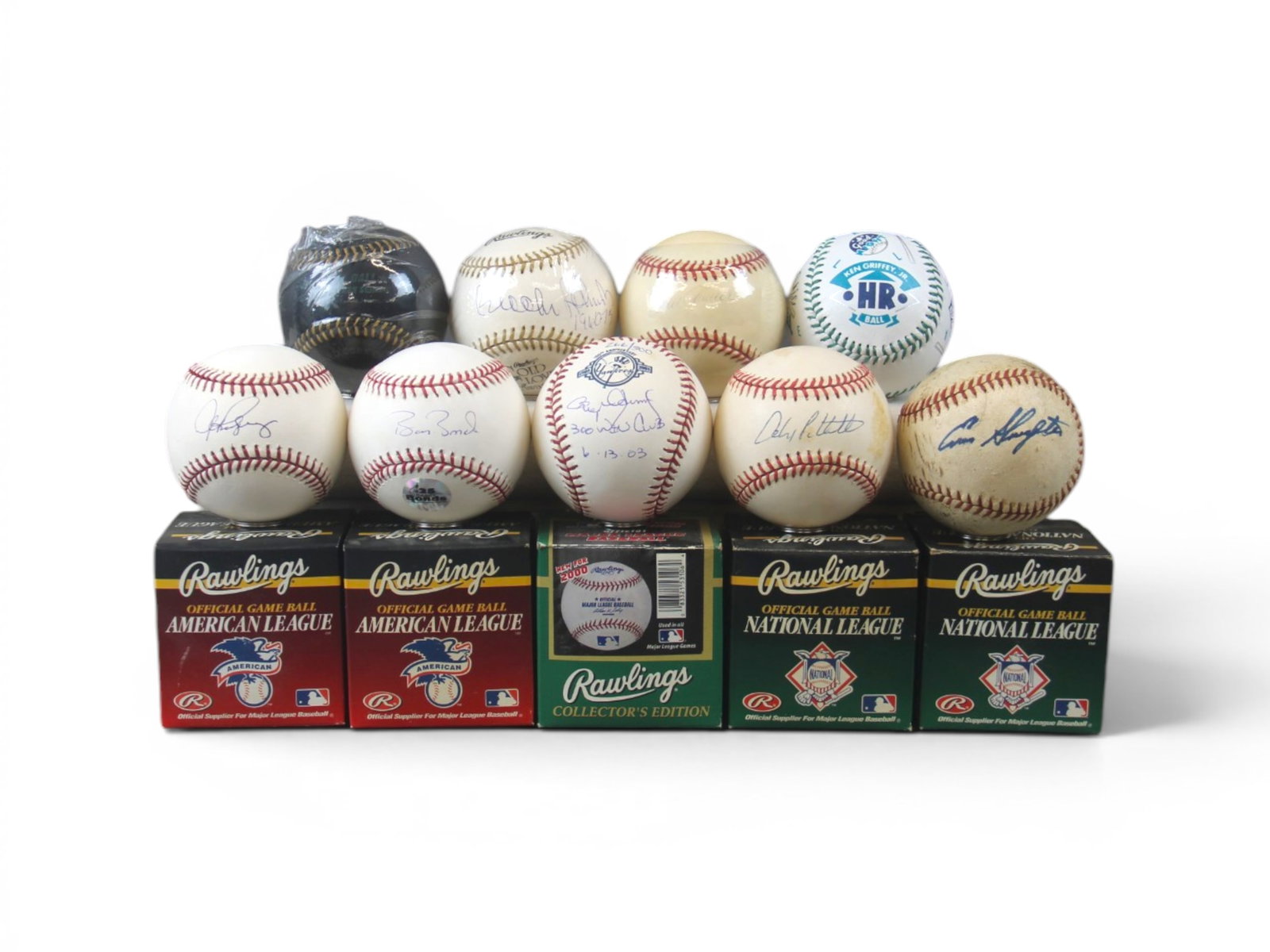 (8) Signed Baseballs Plus (6) Unsigned: (8) signed baseballs including Alex Rodriguez, Barry Bonds, Andy Pettitte, Roger Clemens on a Steiner stickered 300 Win Club limited edition baseball numbered 266/300, Brooks Robinson with "1960-75" i