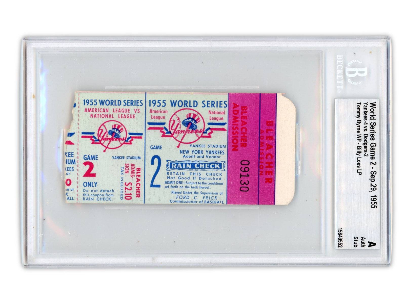 1955 World Series Gm 2 Ticket Stub BGS: 1955 World Series Game 2 ticket stub, authenticated and encapsulated by Beckett (Cert #15649552). Ticket from the Yankees' 4-2 victory over the Brooklyn Dodgers in Game 2 of the 1955 World Series, wit