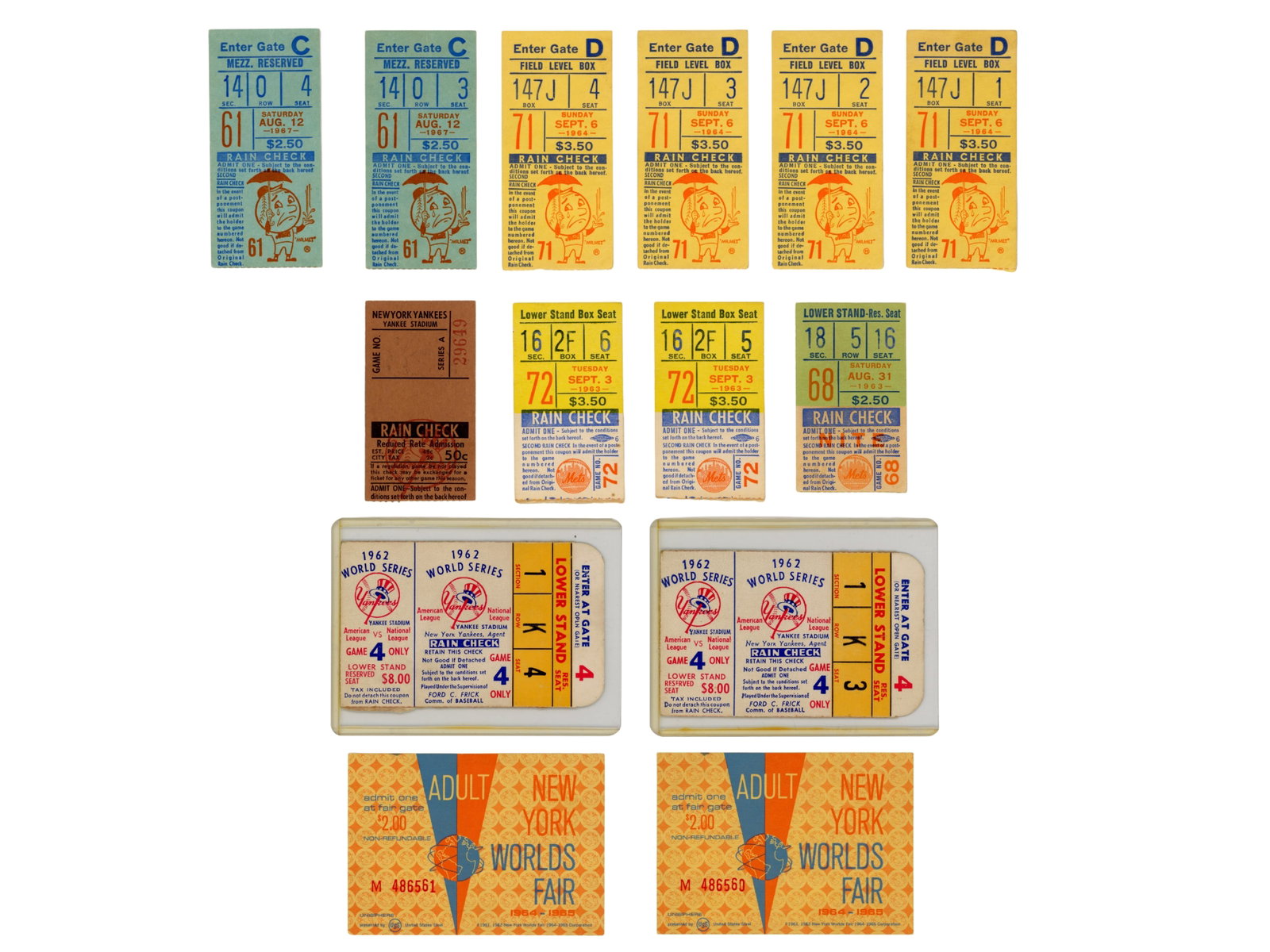 (14) Early Mets & Yankees Ticket Group: 14 total tickets including New York Mets tickets dated 8/31/1963, (2) dated 9/3/1963, (4) dated 9/6/1963, and (2) dated 8/12/1963 from the club's early Polo Grounds era under Casey Stengel. Also inclu