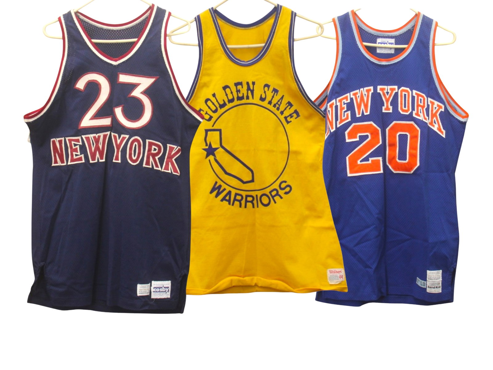 (3) 1980's NBA Jerseys, Knicks & Warriors: Lot of 3 NBA Jerseys, including (2) possibly Game Worn Knicks jerseys from the period, featuring New York Knicks "James Bailey" #20, Medalist Sand Knit Size 44, tagged Gerry Cosby, New York Knicks "Le