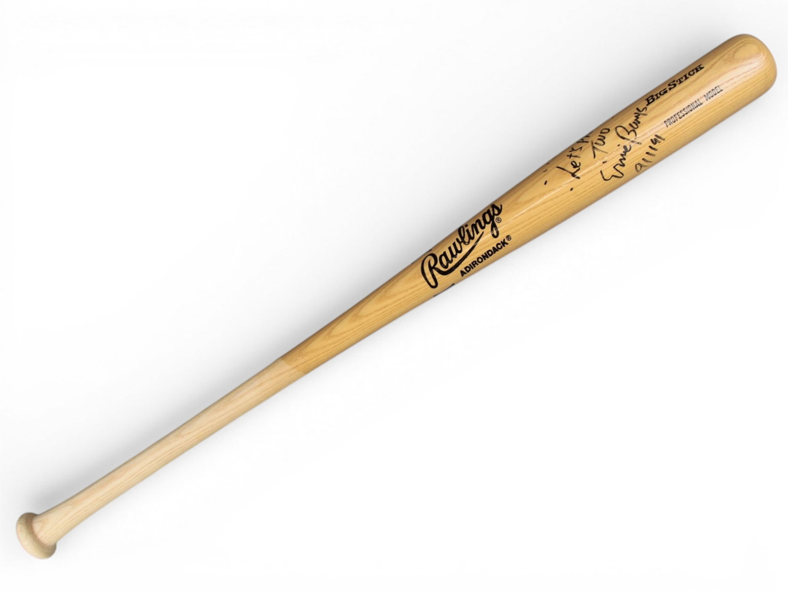 Ernie Banks Signed & Inscribed Rawlings Bat: Offered is a Rawlings Adirondack Big Stick Pro Model Bat, signed and inscribed "Let's Play Two" / Ernie Banks". Nice signature along with Ernie Banks' famous phrase. No COA present. Buyer has 30 days 