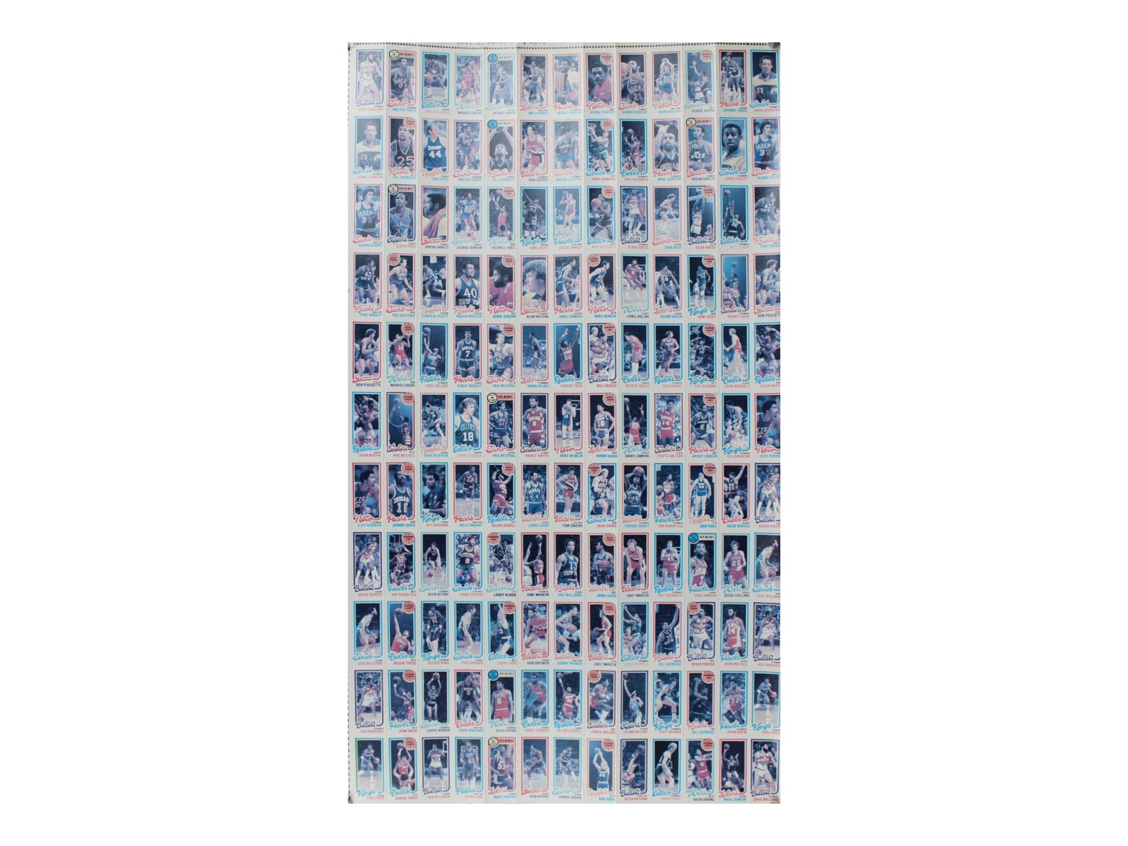 1980 Topps Basketball Uncut Sheet w/Bird & Magic: 1980 Topps Basketball. Offered is a 16" x 28-1/2" uncut partial perforated sheet with rookie cards of Larry Bird and Magic Johnson, plus a gallery or other superstars including Julius Erving, Nate Arc