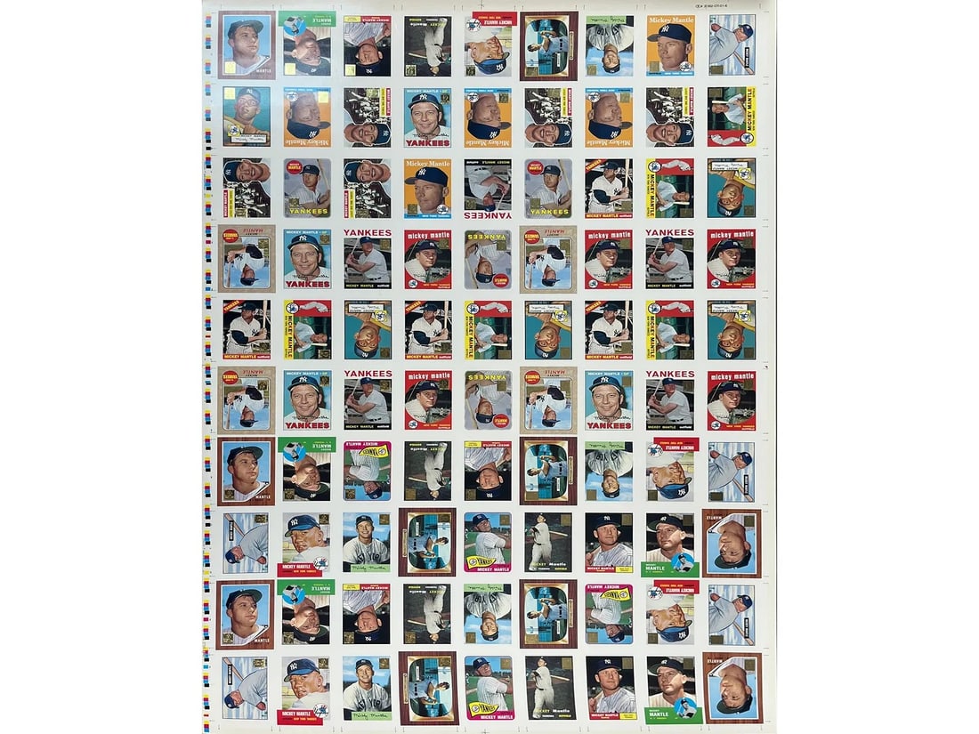 1996 Topps Mickey Mantle Commemorative Uncut Sheet: Offered is a 1996 Topps Baseball Mickey Mantle Commemorative Uncut Sheet. Features 90 cards with duplicates. Overall approx. 27-1/4" x 39-1/2". Light edge/corner and surface wear. Sheet has been rolle