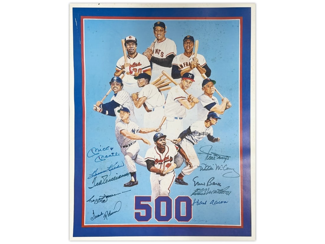 500 HR Club Signed Ron Lewis Print: Color 18 x 24 Ron Lewis print honoring ten members of the 500 Home Run Club, signed in blue and black felt tip by Ted Williams, Mickey Mantle, Harmon Killebrew, Reggie Jackson, Frank Robinson, Willie 