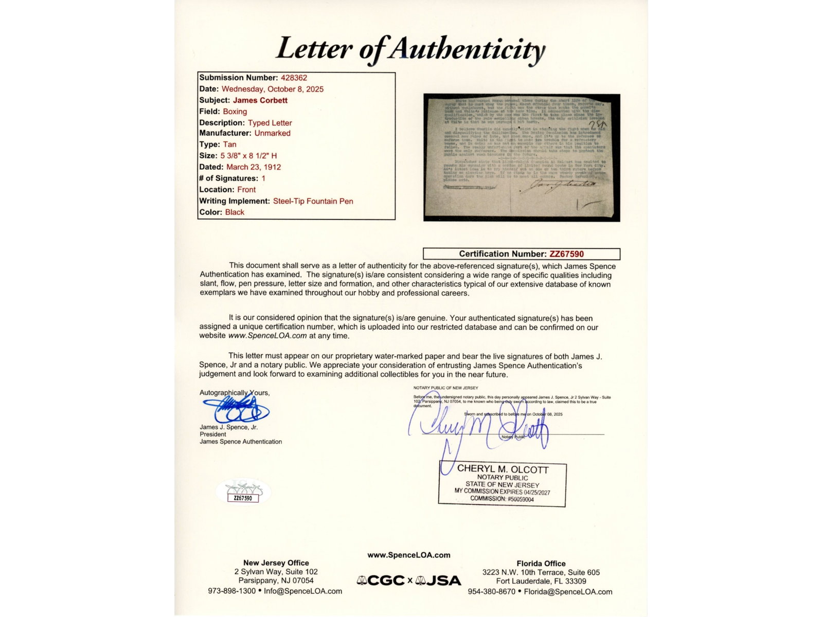 James J. Corbett Signed Manuscript - JSA - 18