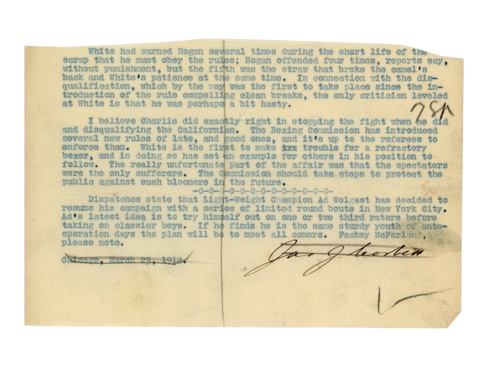 James J. Corbett Signed Manuscript - JSA: Archive of (17) typed pages and partial pages of boxing commentary by James J. Corbett, the former Heavyweight Champion known as “Gentleman Jim.” The material contains extensive reflections on