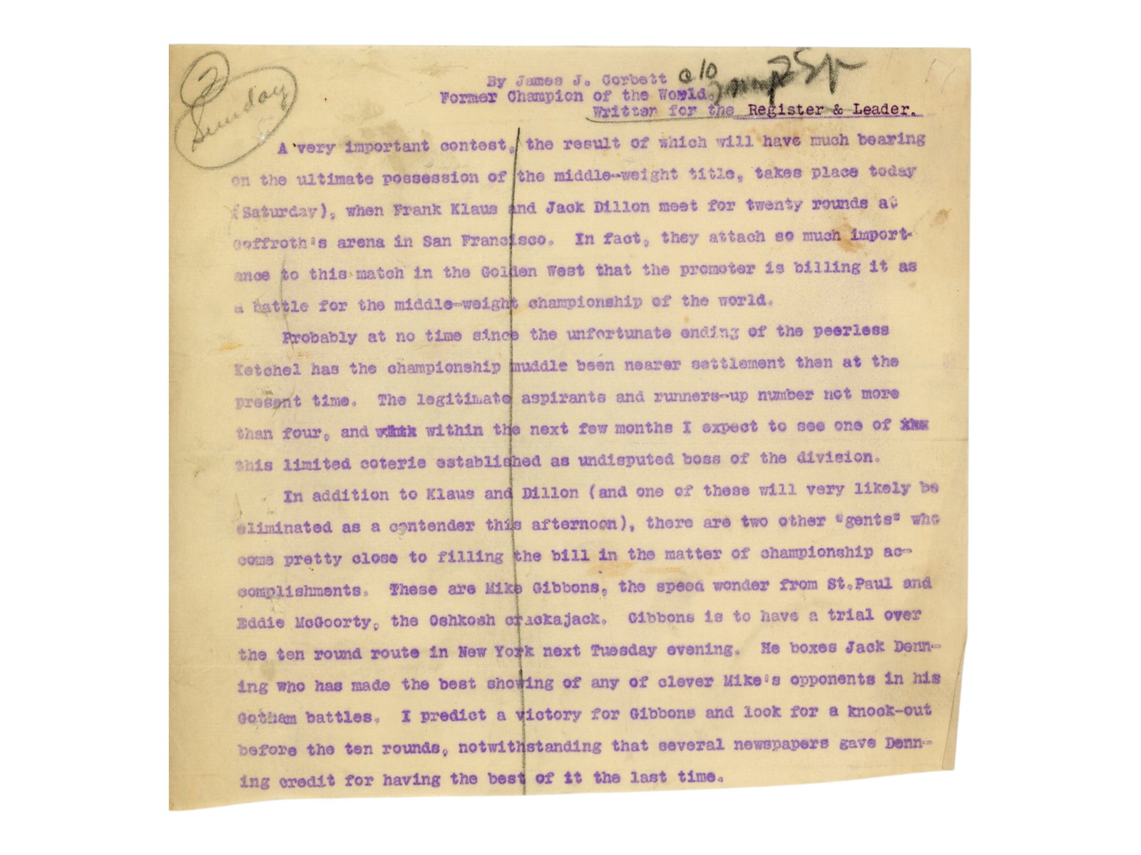 James J. Corbett Signed Manuscript - JSA - 9