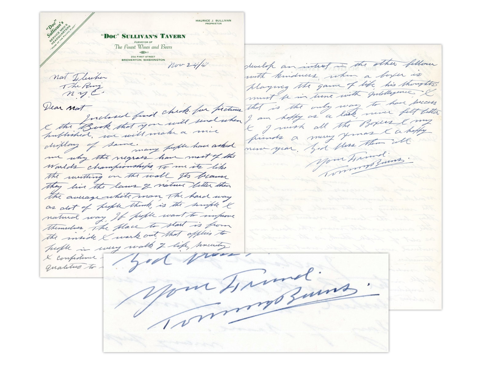 1941 Tommy Burns Signed ALS Letter: Handwritten two-page letter signed by Tommy Burns, dated 1941 and addressed to The Ring magazine editor Nat Fleischer. Written on tavern letterhead from Washington state, the former Heavyweight Champi