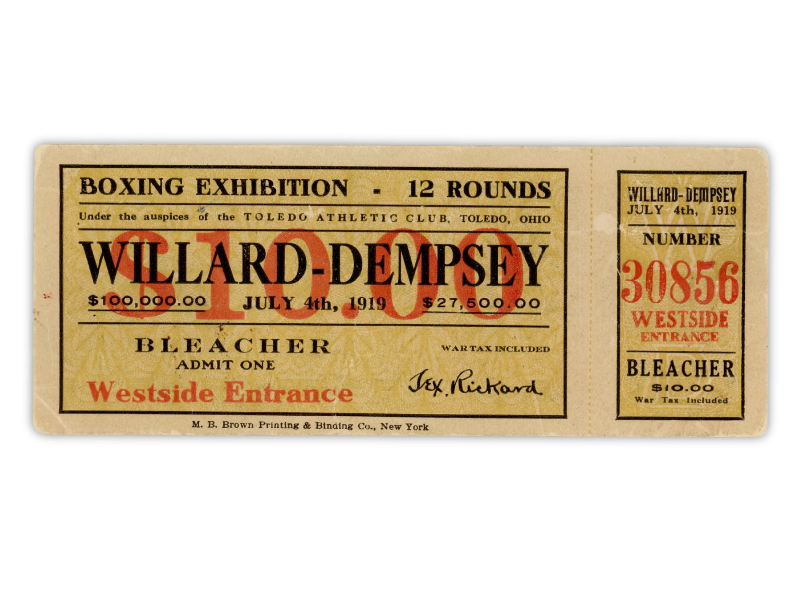 1919 Dempsey vs Willard Full Ticket Unused: Full unused $10 bleacher seat ticket to the July 4, 1919 Heavyweight Championship fight between Jack Dempsey and Jess Willard. Held in Toledo, Ohio, the bout is one of boxing's most famous title