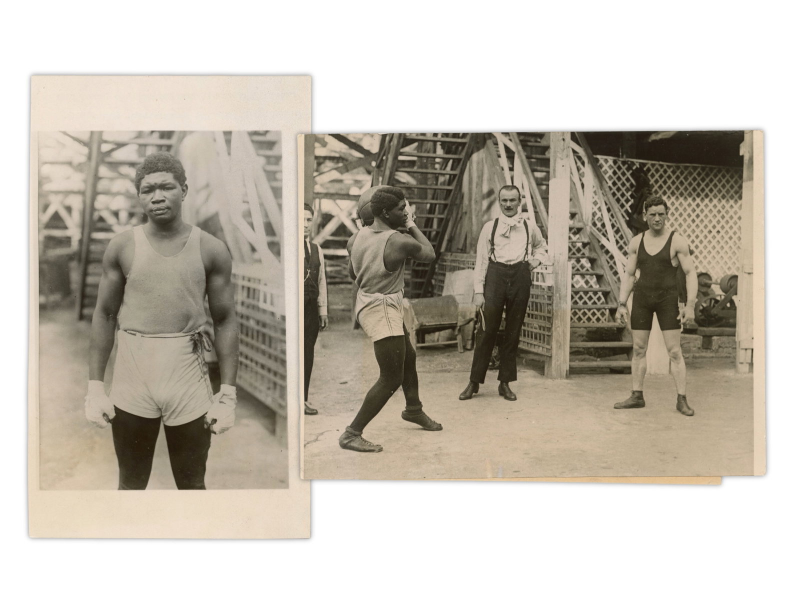 (2) Battling Siki Press Photos: Pair of vintage press photographs of Battling Siki, measuring approximately 4.75 x 8 inches and 6 x 8 inches. One image shows Siki training with a medicine ball, while the other captures him posed in