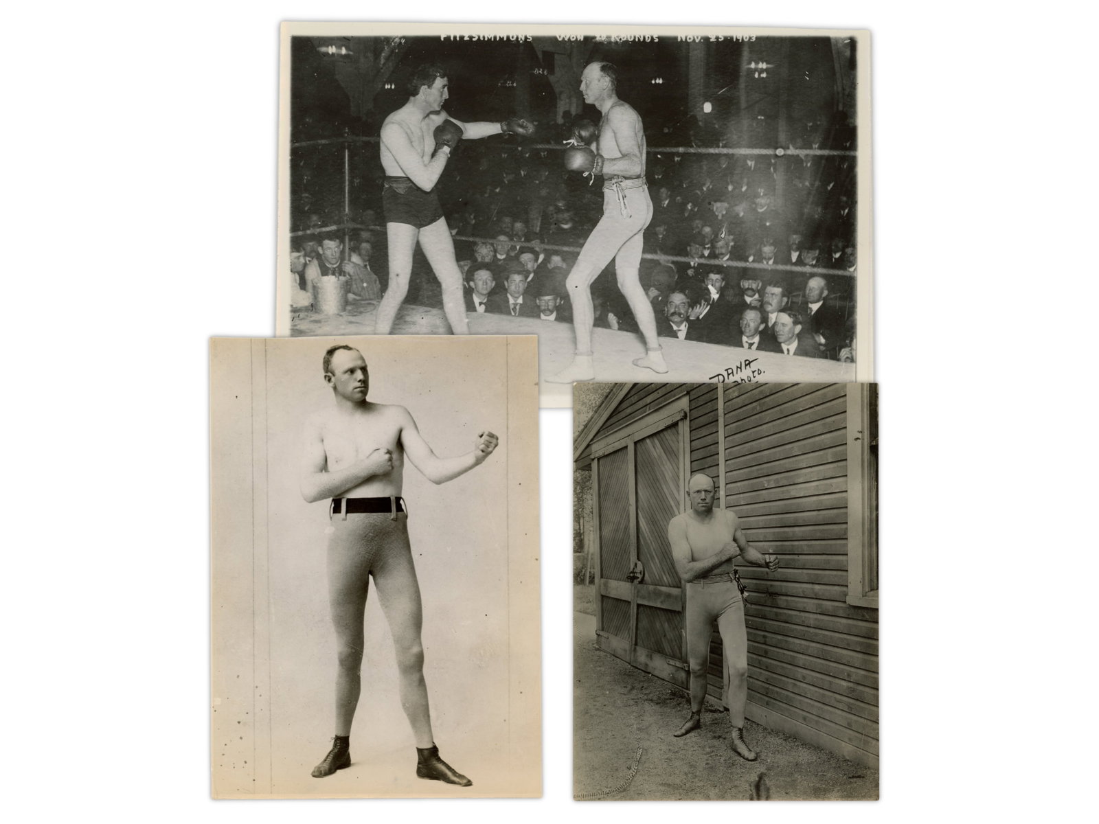 (3) Bob Fitzsimmons Brown Brothers Boxing Photos: Group of (3) early boxing photographs of Bob Fitzsimmons, including one from a November 25, 1903 fight in which he won in 20 rounds, along with two additional strong posed images of the fighter. All