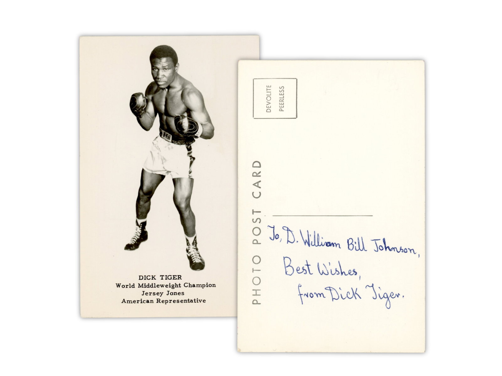Dick Tiger Signed Boxing Photo Postcard: Signed photo postcard of Dick Tiger, signed on the reverse, "To D. William Bill Johnson, Best Wishes, from Dick Tiger." Tiger was a two-division world champion and one of the most respected