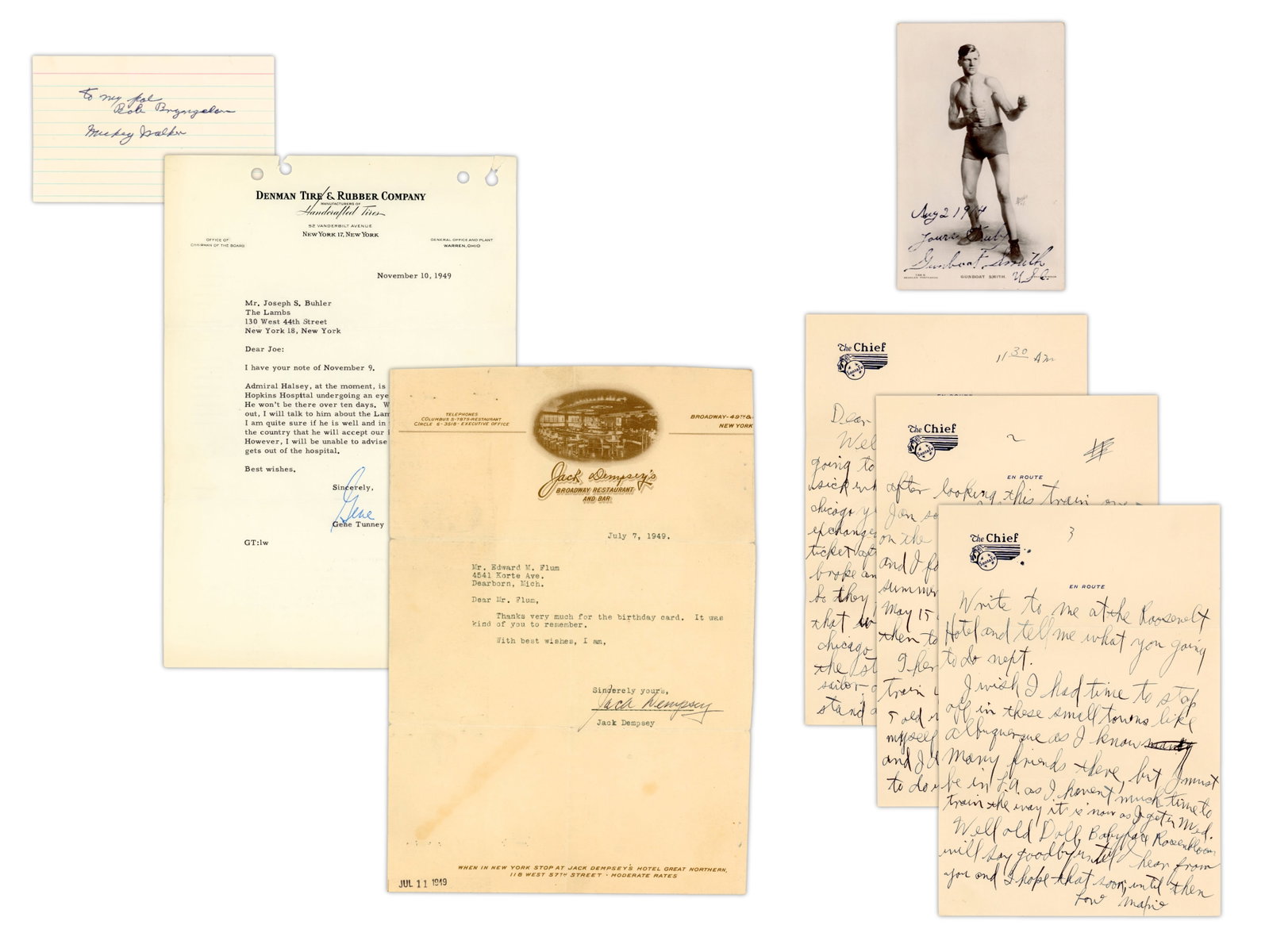 (5) Boxing Signatures Tunney/Dempsey & More: (5) Boxing-related signed items including a 1949 TLS signed by Gene Tunney, the former Heavyweight Champion who defeated Jack Dempsey twice; a signed index card by Mickey Walker, a two-division world 