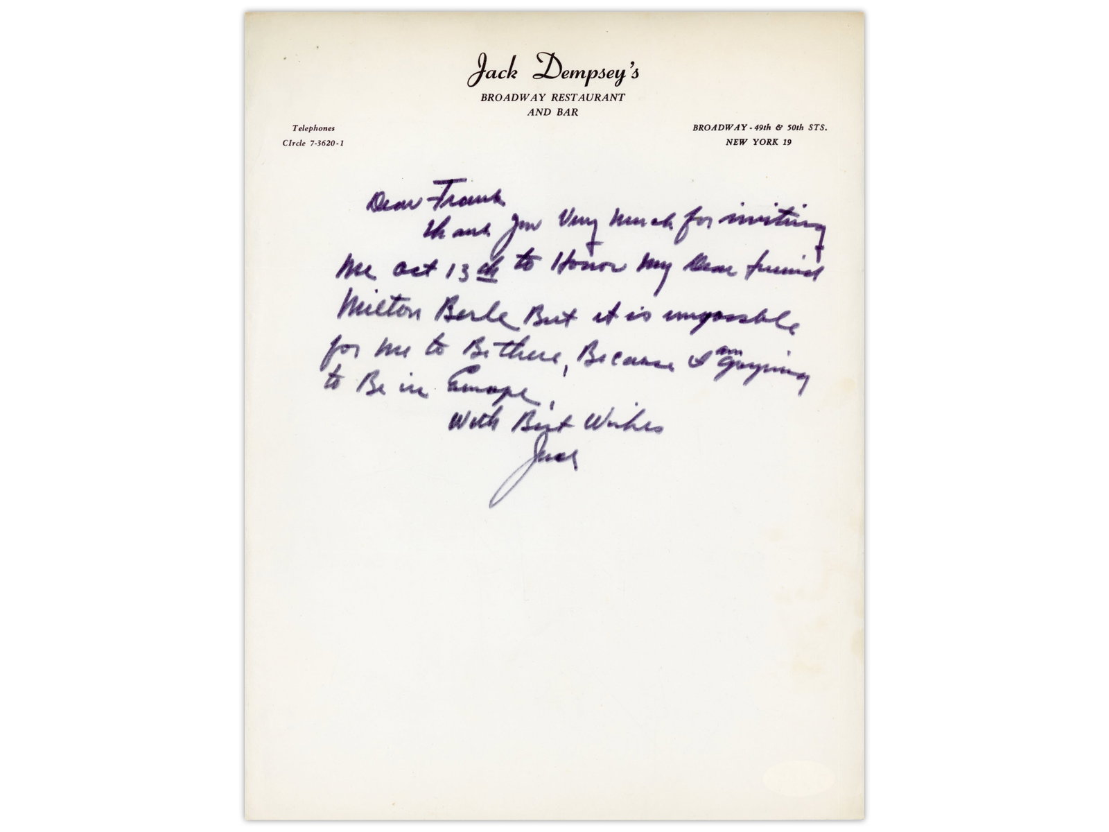 Jack Dempsey ALS to Sinatra - JSA: Autograph letter signed by Jack Dempsey, written on Jack Dempsey's Broadway Restaurant and Bar stationery and addressed to Frank Sinatra. In the letter, Dempsey thanks Sinatra for the invitation to an