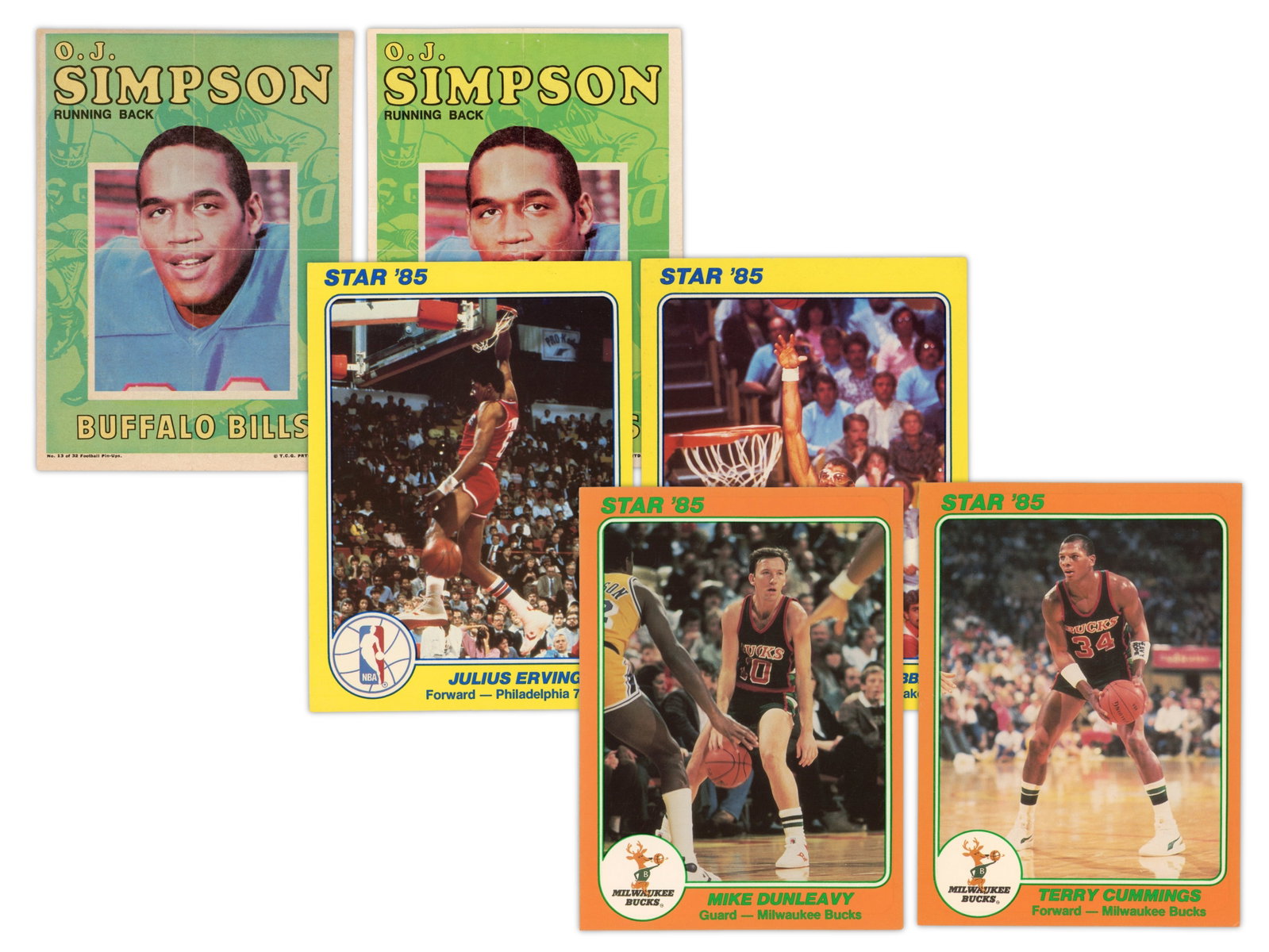 Mixed Card Collection w/ Star & Jordan: Card collection including 1985 Star Bucks Jumbo 5x7 cards #1-5 and 1985 Star Jumbo 5x7 NBA Court Kings cards #1-25. Also includes (2) O. J. Simpson Topps Football Pin-Ups (#13/32), a 1999 Upper Deck M