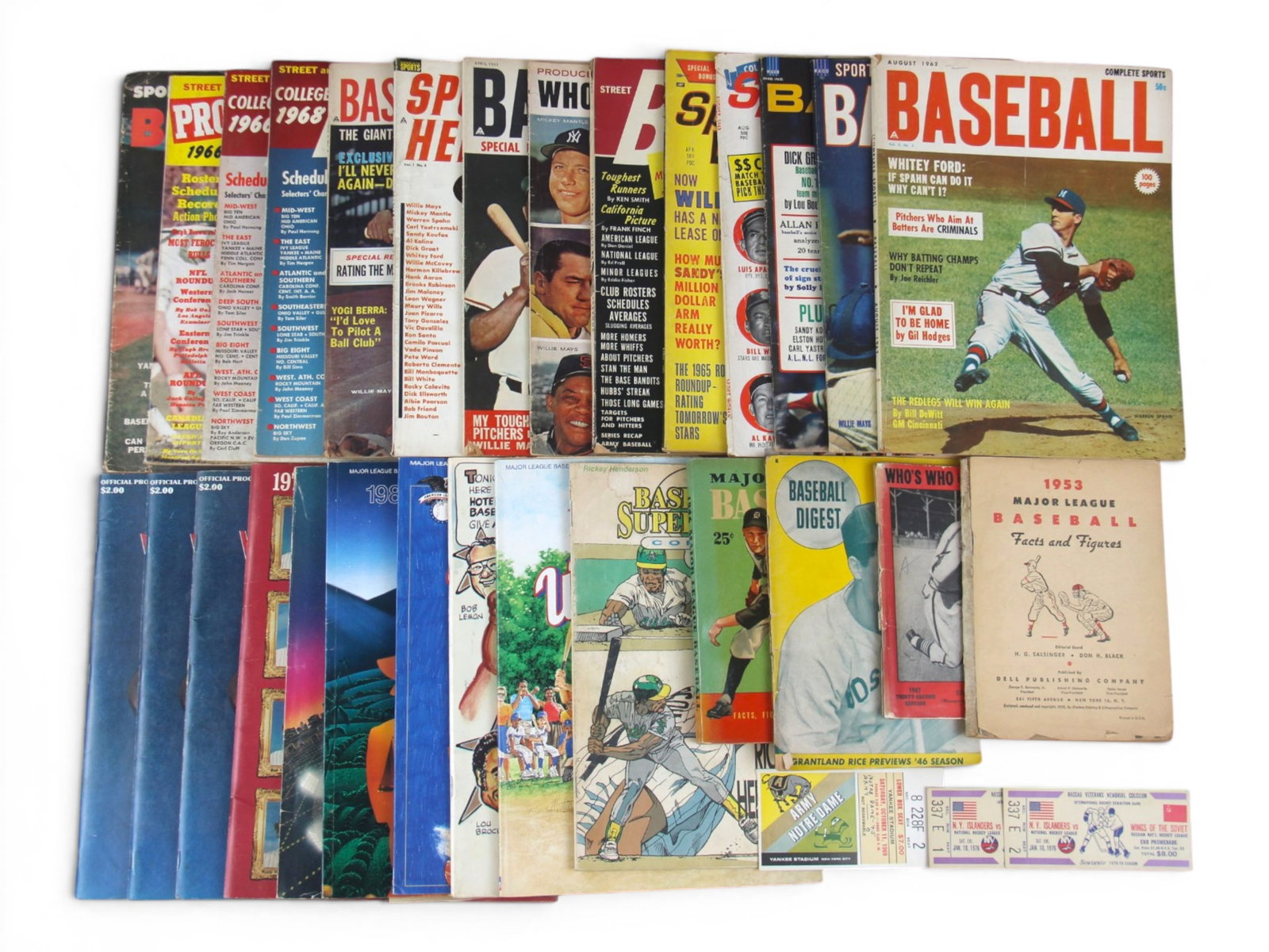 Sports Publications & Ticket Stub Lot: Vintage sports publication and ticket stub lot including an October 11, 1969 ticket stub for Army vs. Notre Dame at Yankee Stadium and (2) January 10, 1976 ticket stubs for the New York Islanders vs. 