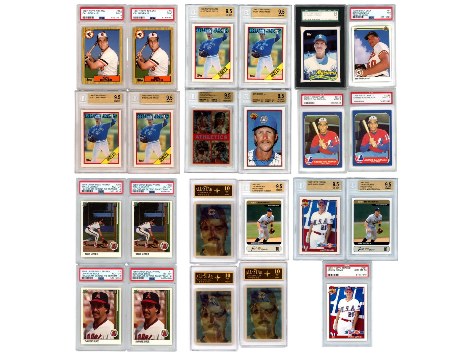(23) Graded Baseball Cards: Lot of 23 graded baseball cards featuring stars, rookies, promos, and inserts across PSA, Beckett, and SGC holders. Highlights include: - (2) 1987 Topps Tiffany #784 Cal Ripken Jr - PSA Mint 9 - (4) 1