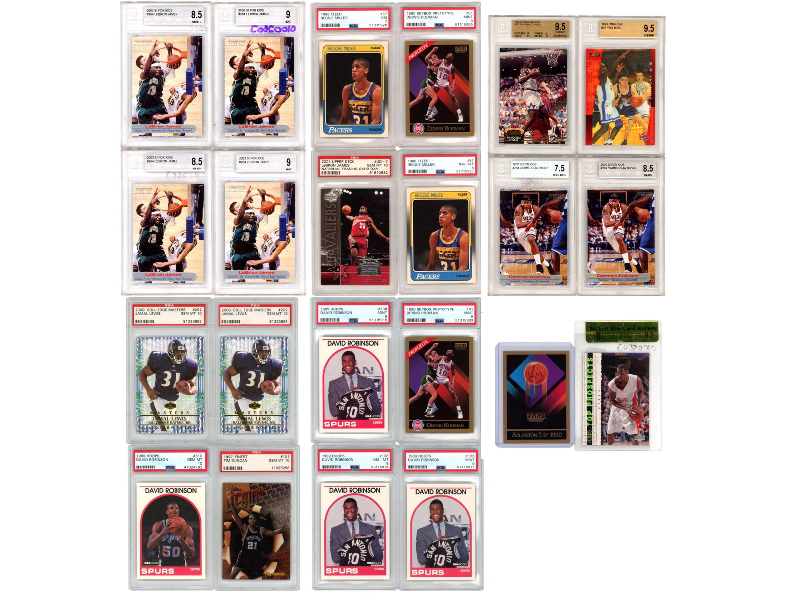 (18) Graded Basketball Cards with Stars: Lot of 18 graded basketball cards featuring stars, Hall of Famers, and rookies, plus a group of raw Skybox prototypes. Highlights include: (1) 2004 Upper Deck LeBron James – PSA GEM MINT 10 (4) 2003