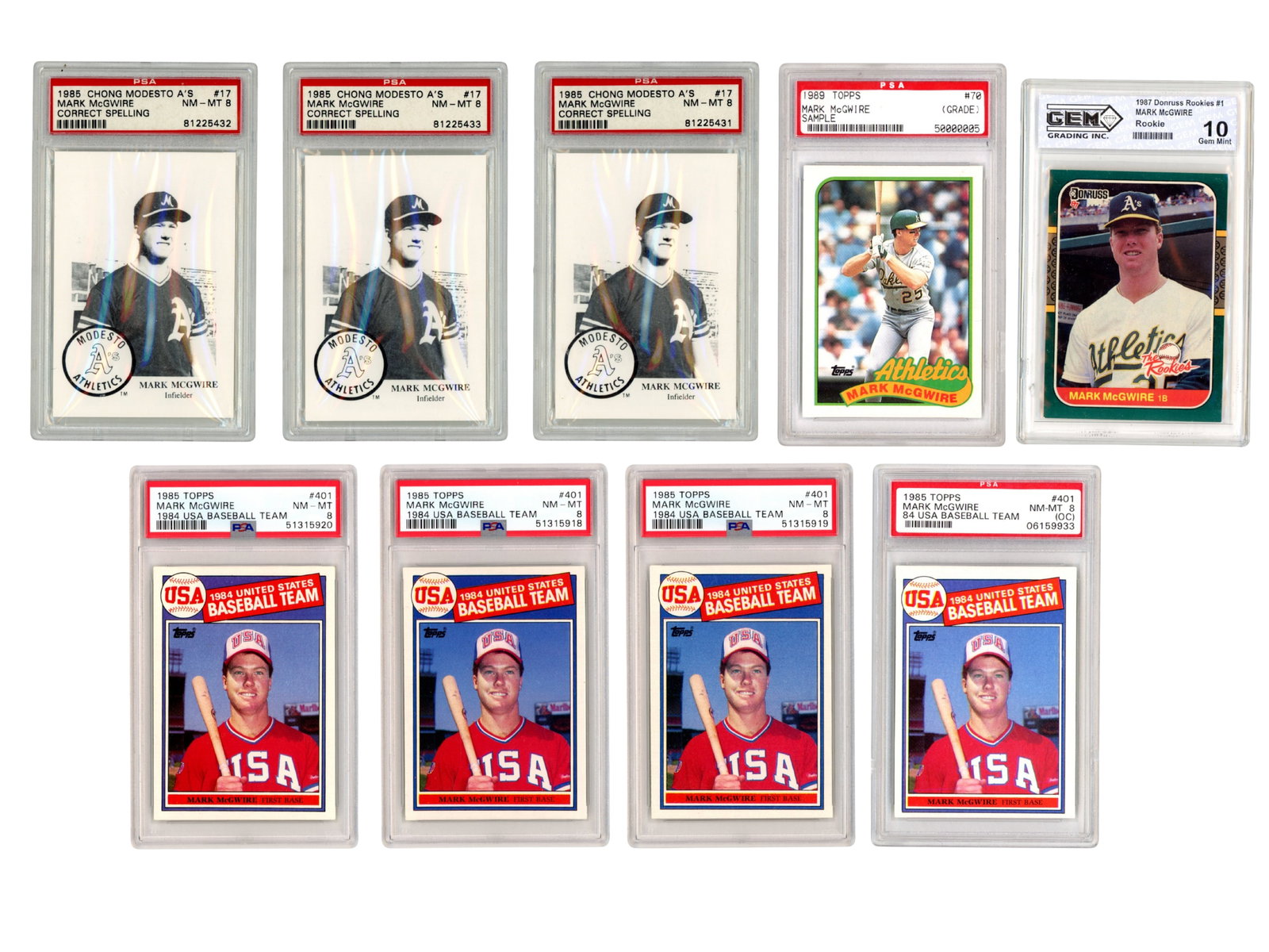 (9) Mark McGwire Graded Cards: Lot of (9) graded Mark McGwire baseball cards, highlighted by multiple early issues. Includes: (3) 1985 Chong Modesto A’s cards, each graded PSA NM-MT 8 (4) 1985 Topps USA Baseball Team cards, all P