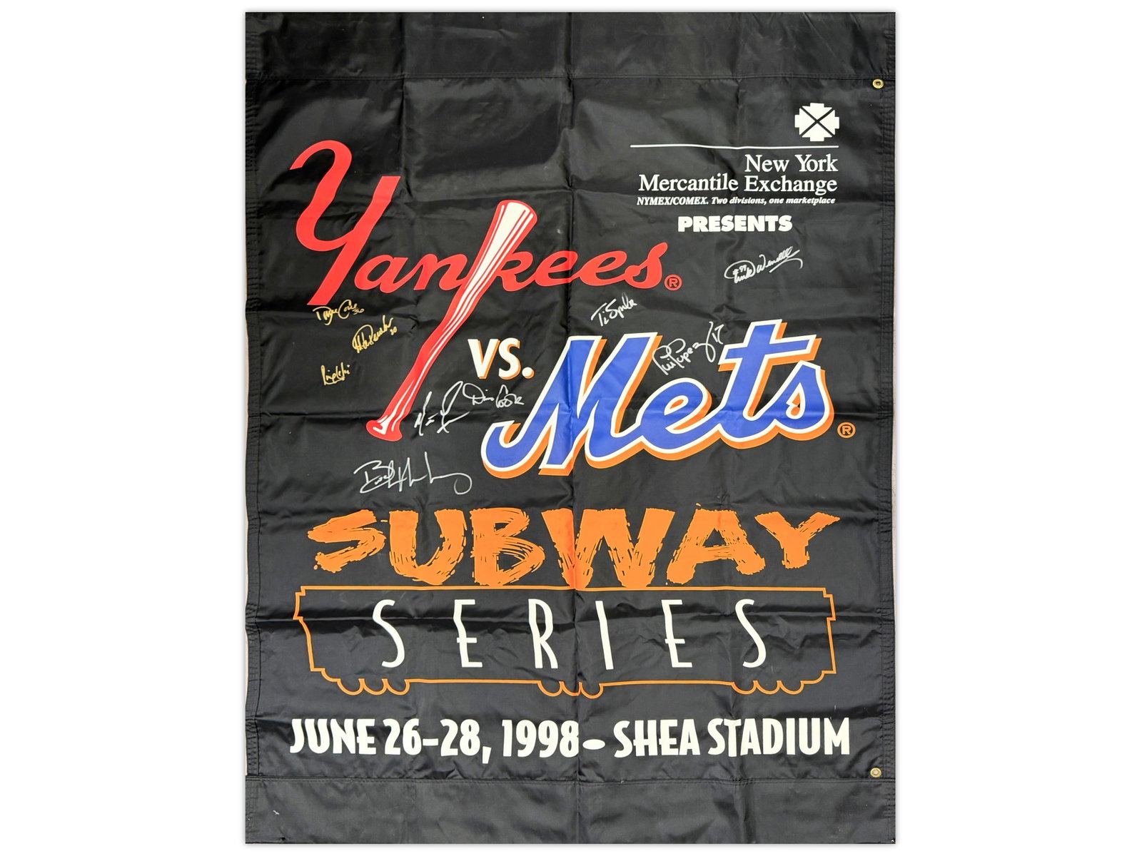 1998 NY Yankees & Mets Signed Subway Series Banner: Large double-sided vinyl promotional banner for the 1998 Yankees vs Mets "Subway Series" held June 26-28, 1998 at Shea Stadium. Banner features New York Mercantile Exchange sponsorship graphics and is