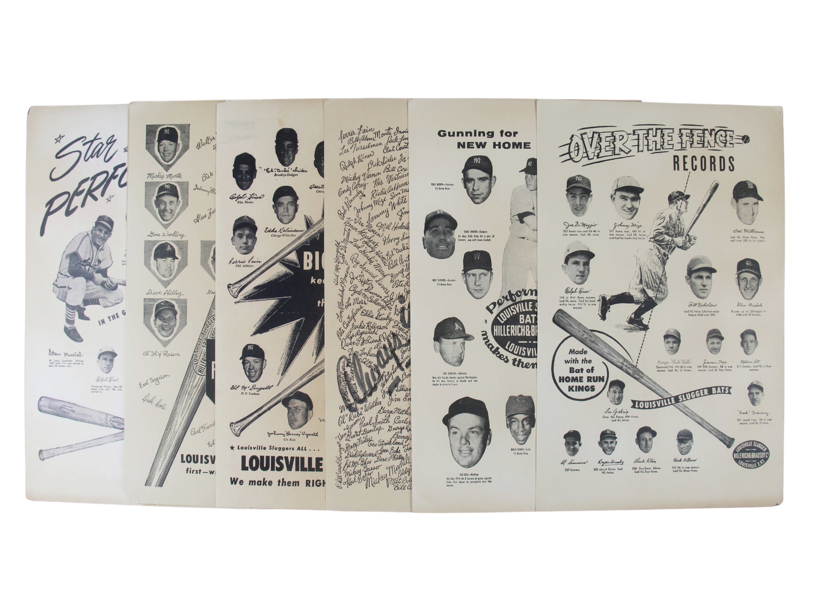 (9) Vintage Louisville Slugger Advertising Broadsides: Offered is a nice group of Original vintage Louisville Slugger advertising broadsides. There are a total of (9), with some duplicates. Each is approx. 11" x 17", featuring Hall of Famer players includ
